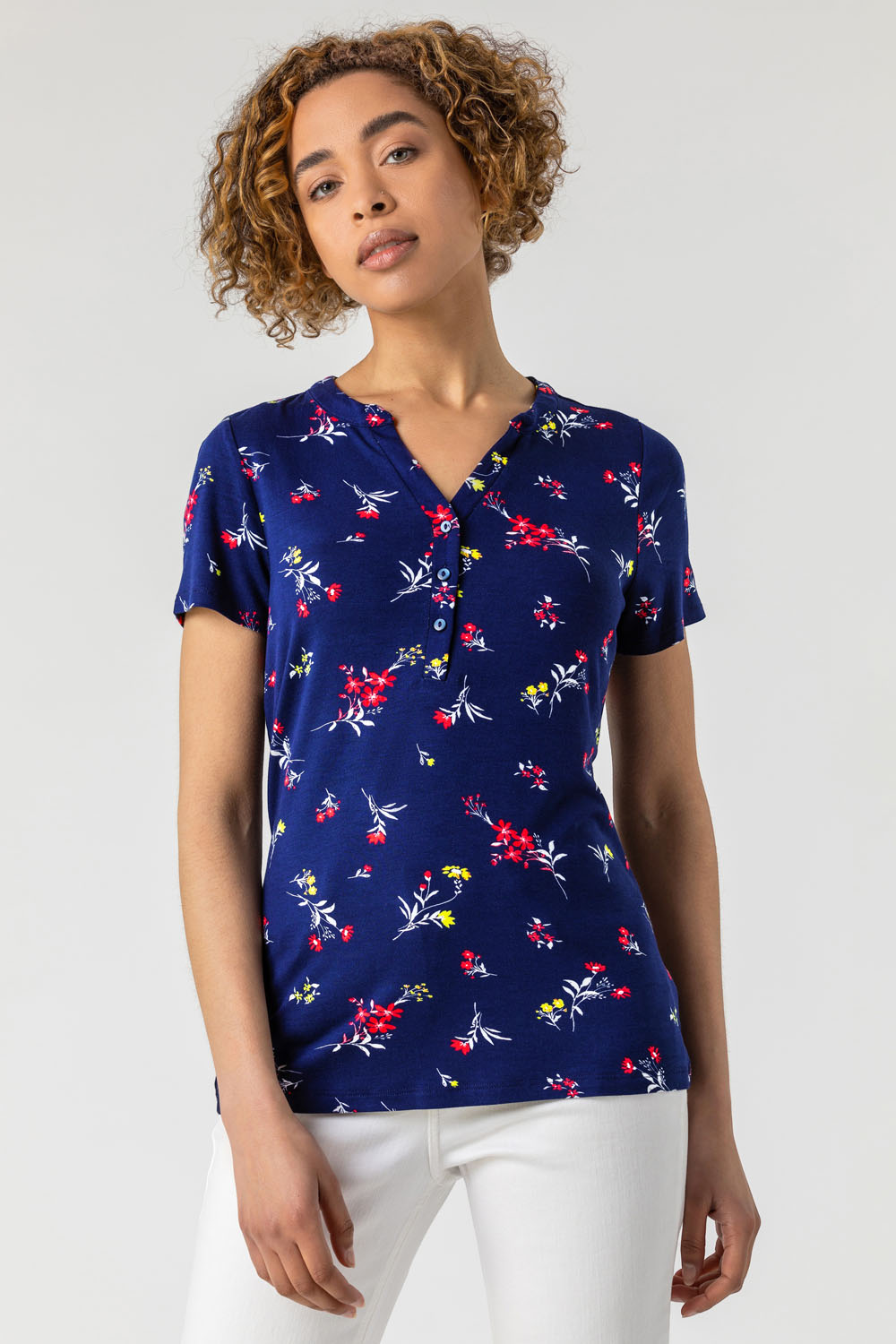 Navy  Floral Button Front T-Shirt, Image 4 of 5