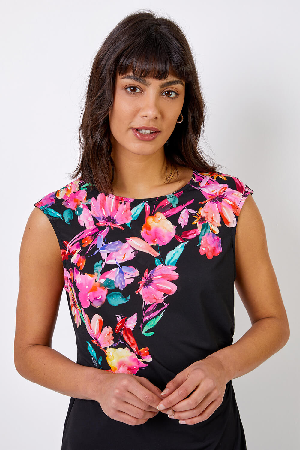 Black Floral Border Print Luxe Stretch Top, Image 4 of 4