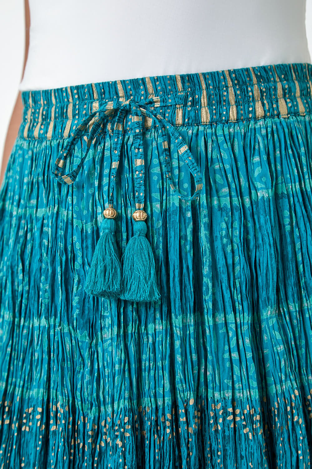 Aqua Crinkle Cotton Metallic Foil Midi Skirt, Image 5 of 5