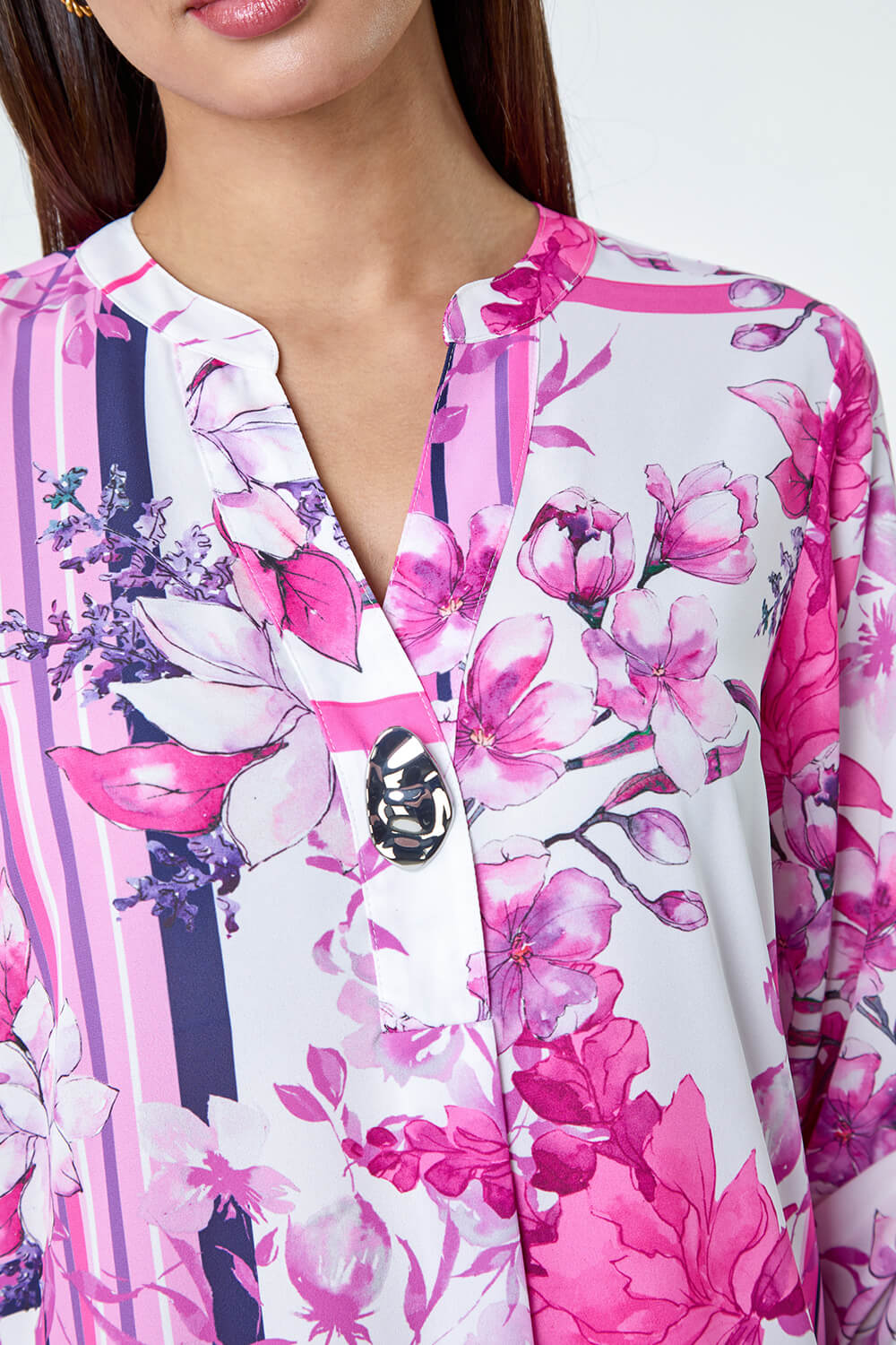 PINK Floral Patchwork Longline Button Detail Top, Image 5 of 5