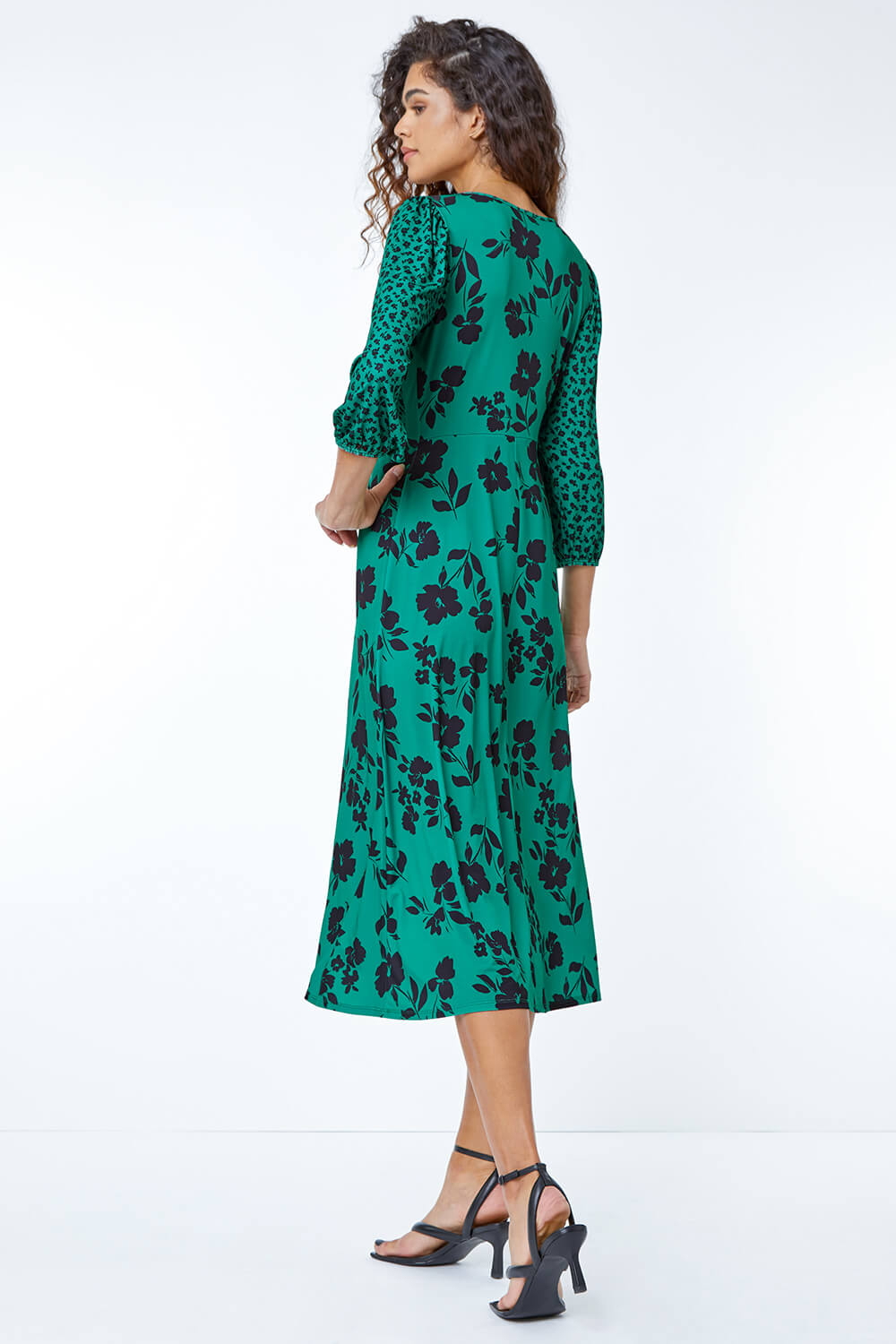 Floral Contrast Print Midi Dress in Green - Roman Originals UK