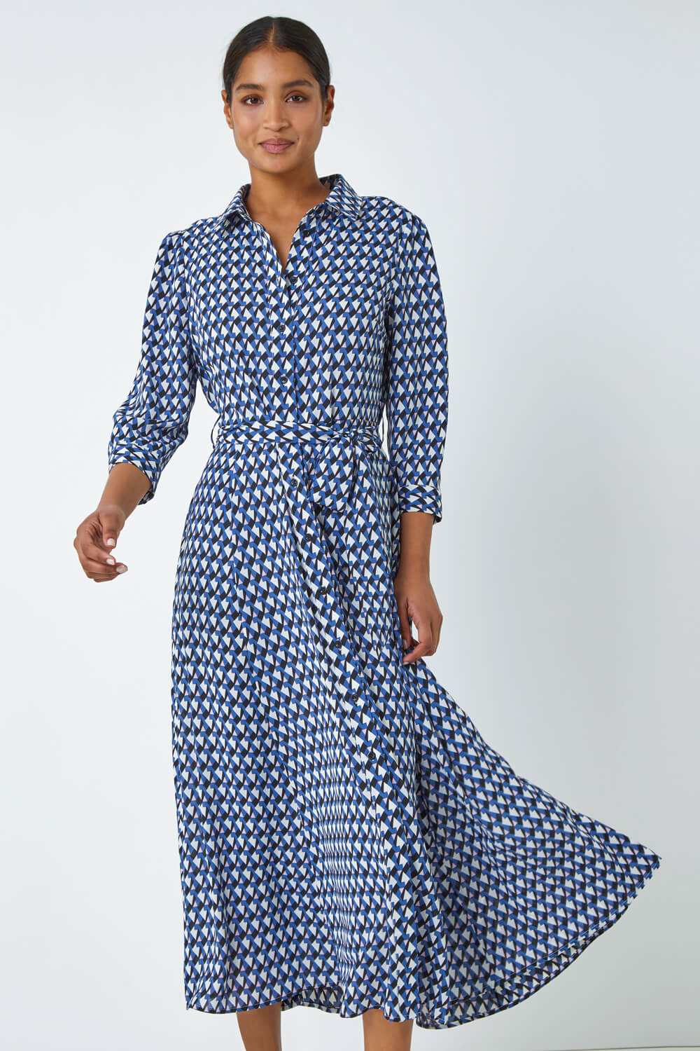 Blue Geometric Print Tie Waist Midi Shirt Dress, Image 2 of 5