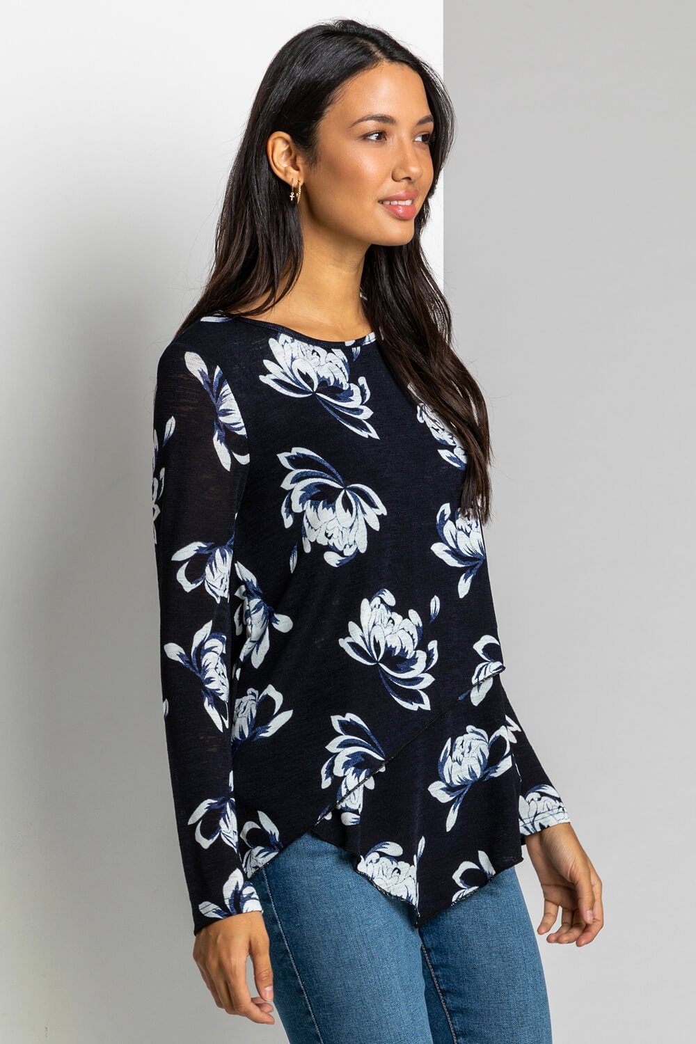 Navy  Floral Print Layered Asymmetric Tunic Top, Image 5 of 5