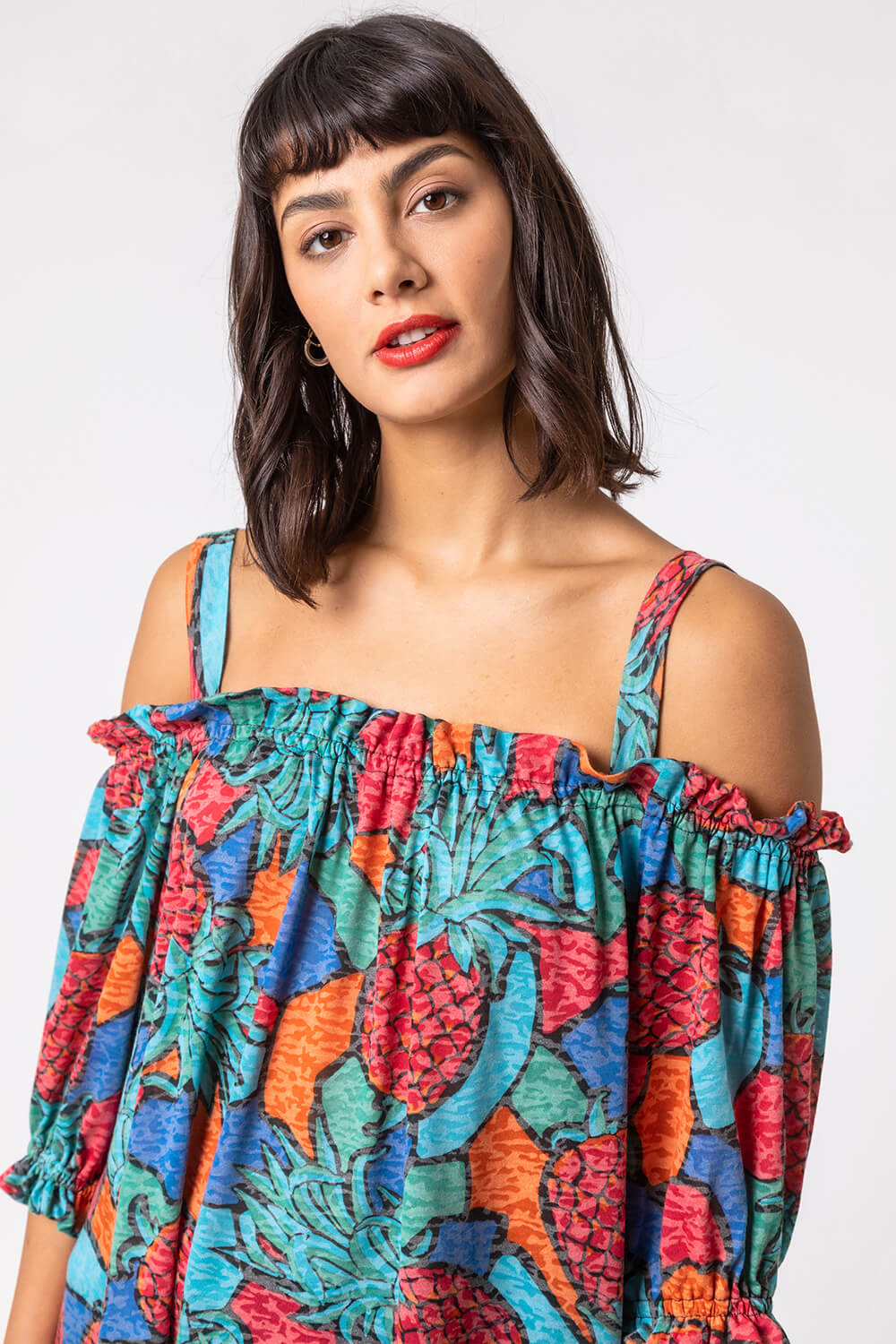 Turquoise Burnout Pineapple Print Cold Shoulder Top, Image 4 of 4