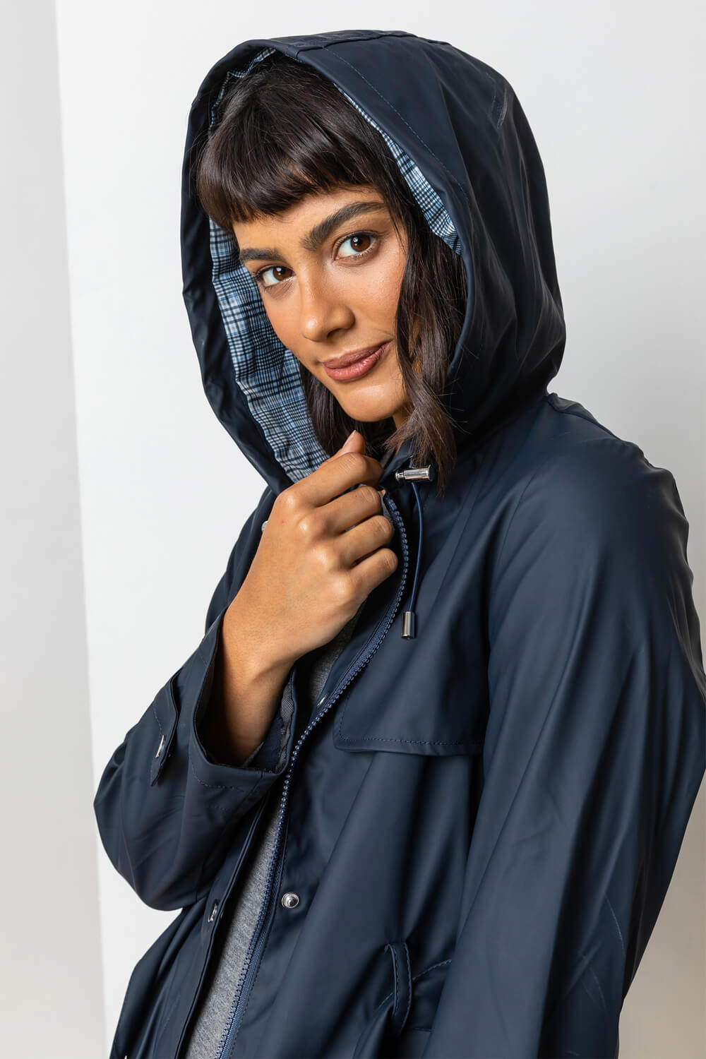 Navy  Belted Raincoat with Hood, Image 4 of 5