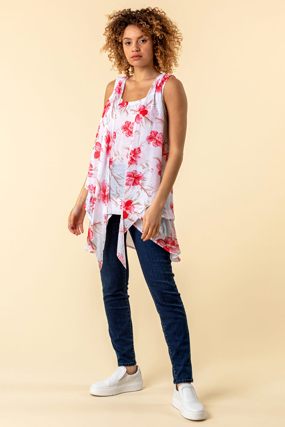 Red Floral Print Crinkle Tunic Top, Image 3 of 4