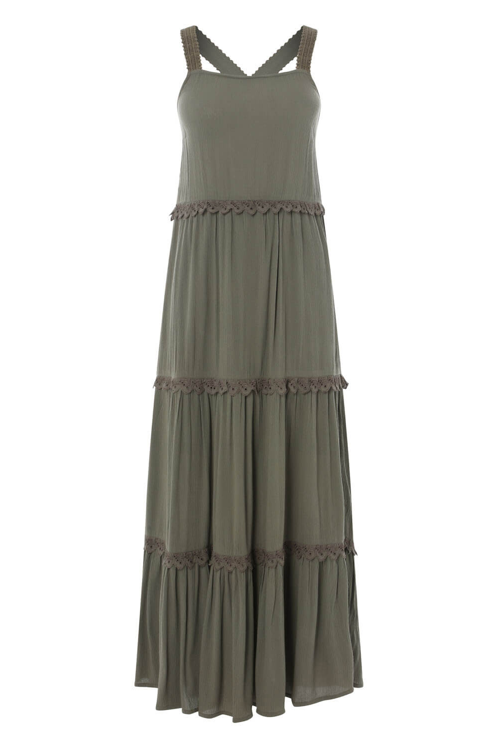 Tiered Lace Trim Maxi Dress in Khaki - Roman Originals UK