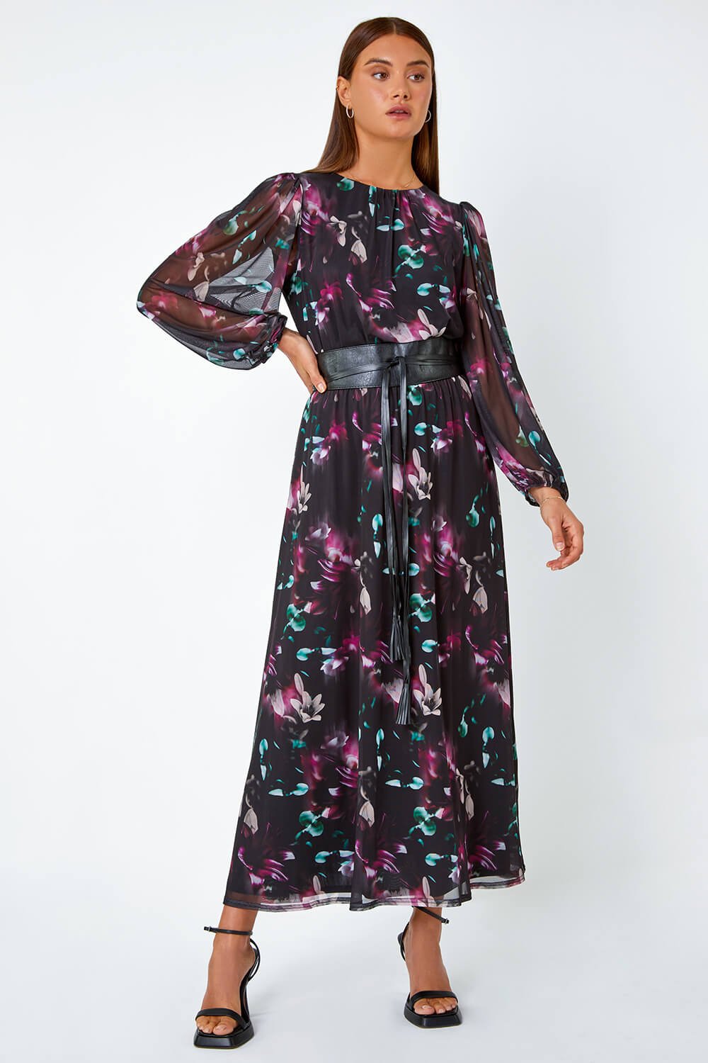 Black Floral Print Belted Midi Stretch Dress, Image 2 of 5