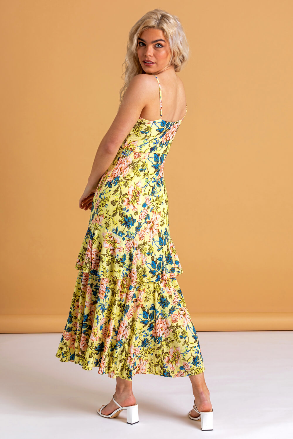 Yellow Fluted Hem Floral Print Dress, Image 2 of 4
