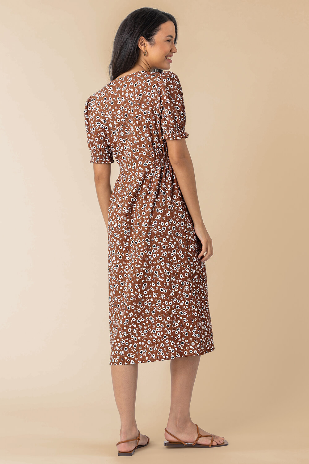 Taupe Floral Print Button Through Dress, Image 2 of 5
