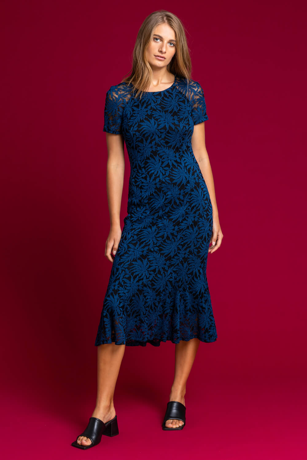 Petrol Blue Palm Print Lace Fitted Dress, Image 3 of 4