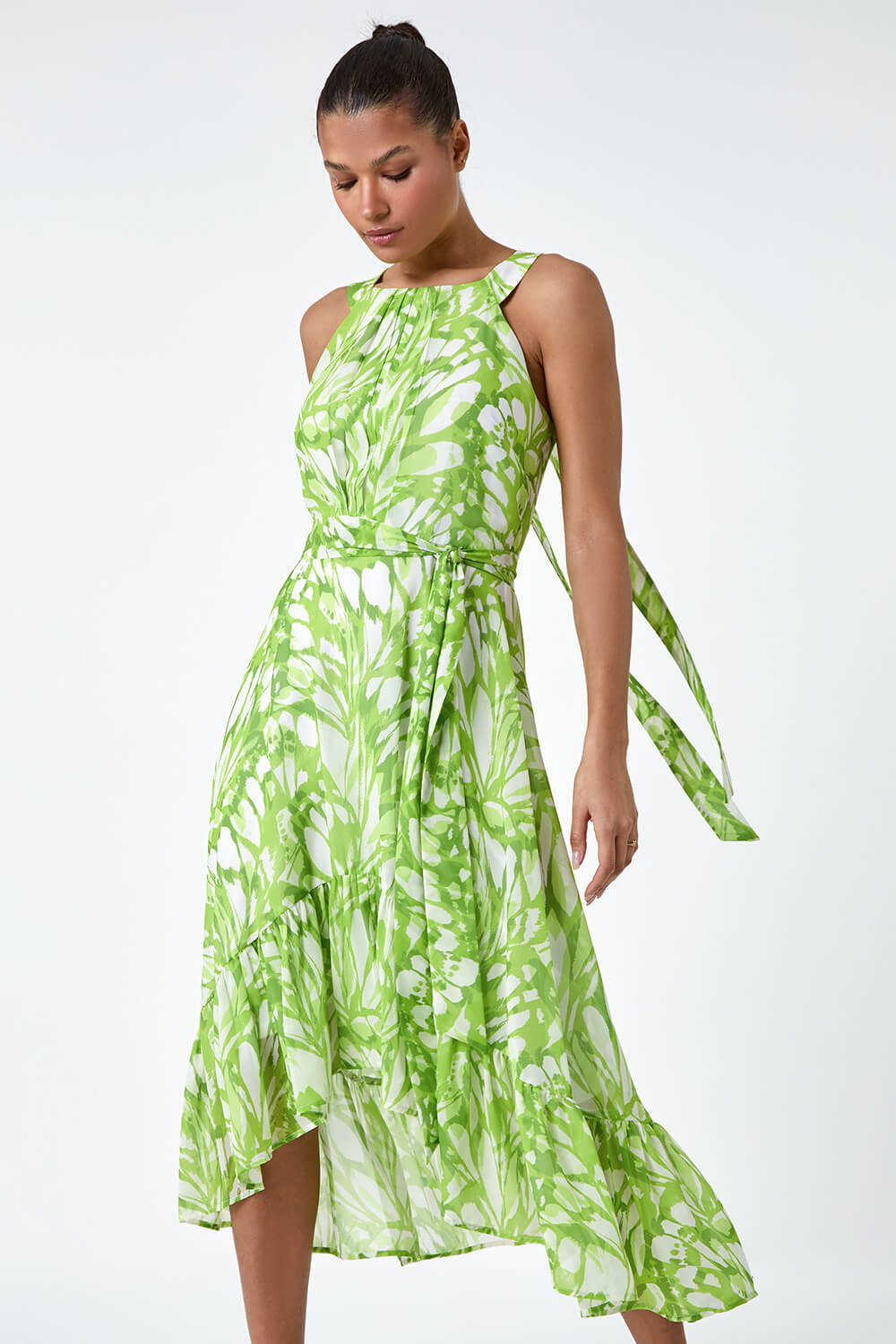 Green Halter Neck Butterfly Print Asymmetric Dress, Image 2 of 5