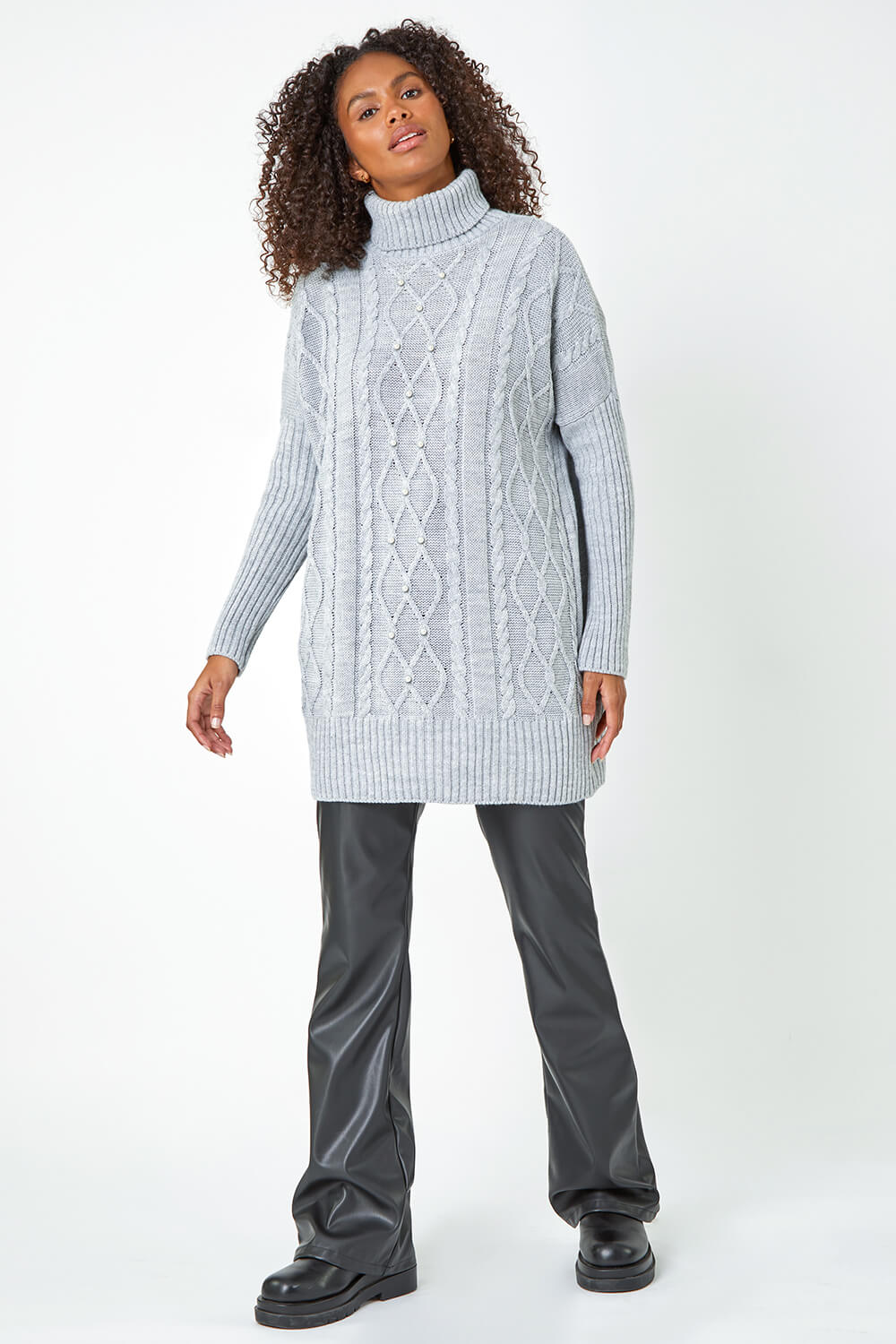 Grey Pearl Embellished Cable Knit Longline Jumper, Image 4 of 5