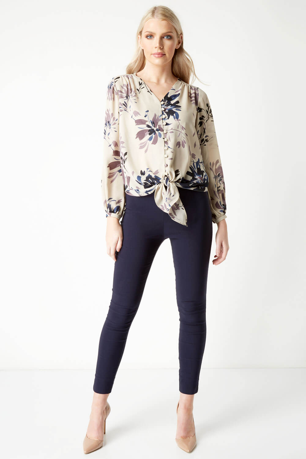 Multi  Printed Knot Front Blouse, Image 2 of 5