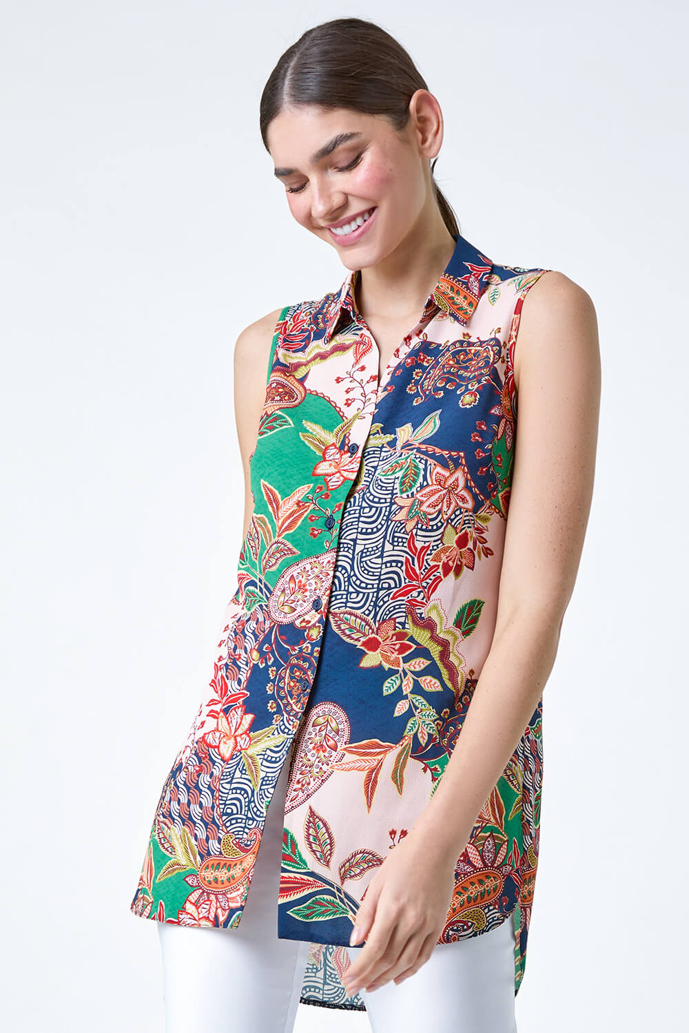 Green Paisley Floral Print Sleeveless Button Blouse, Image 2 of 5