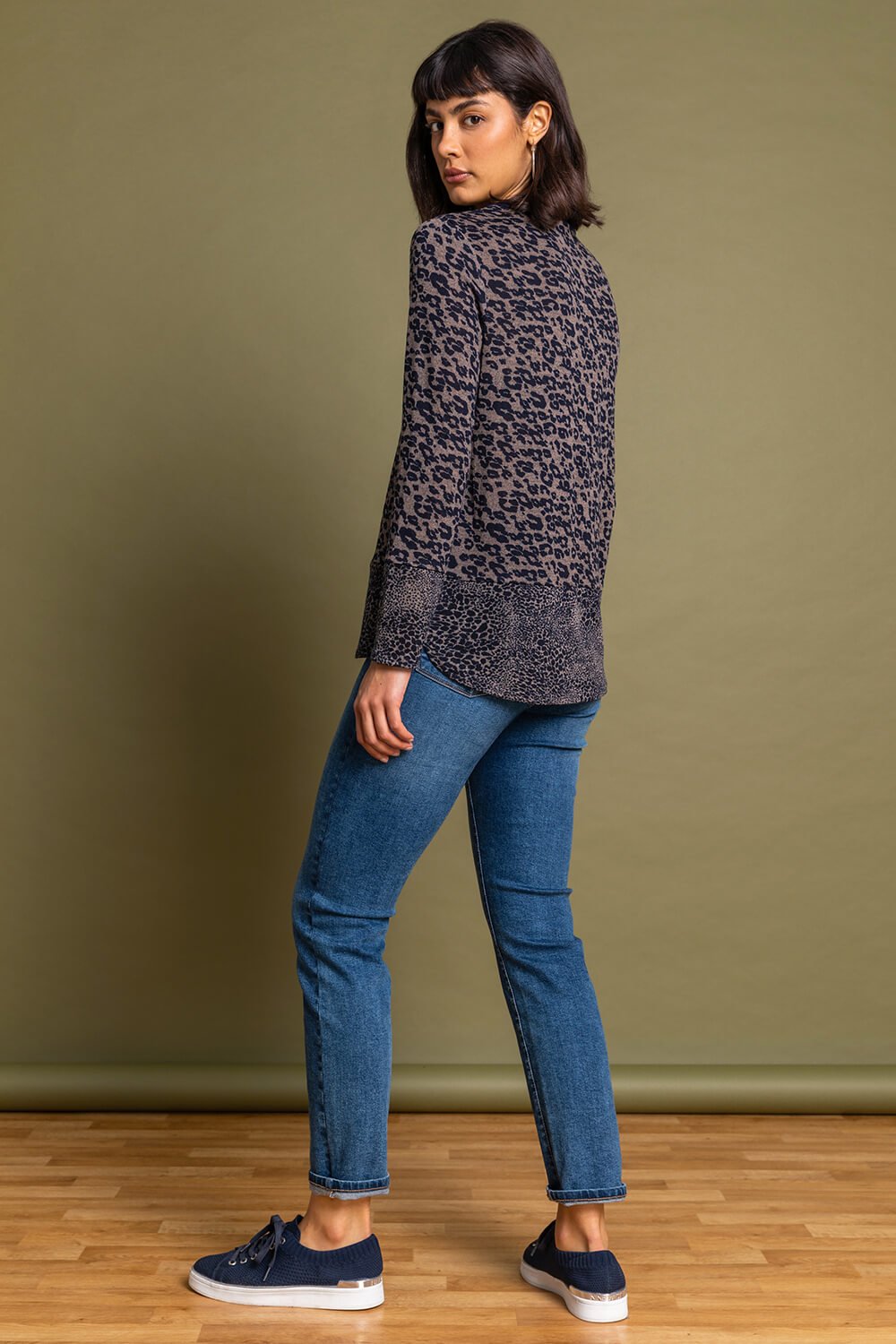 Taupe Leopard Print Round Neck Long Sleeve Jersey Top, Image 2 of 4
