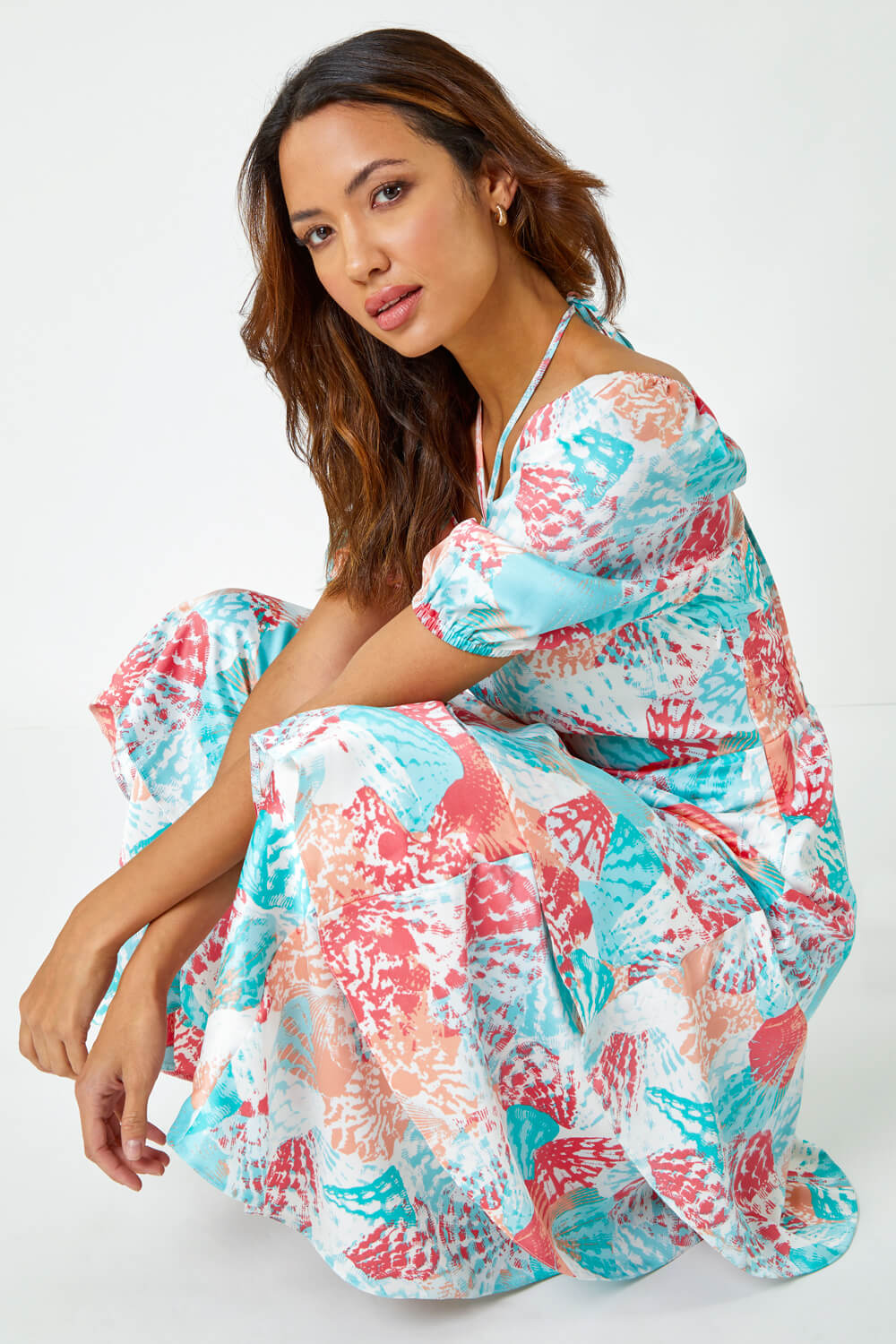Turquoise Puff Sleeve Tiered Maxi Dress, Image 1 of 5