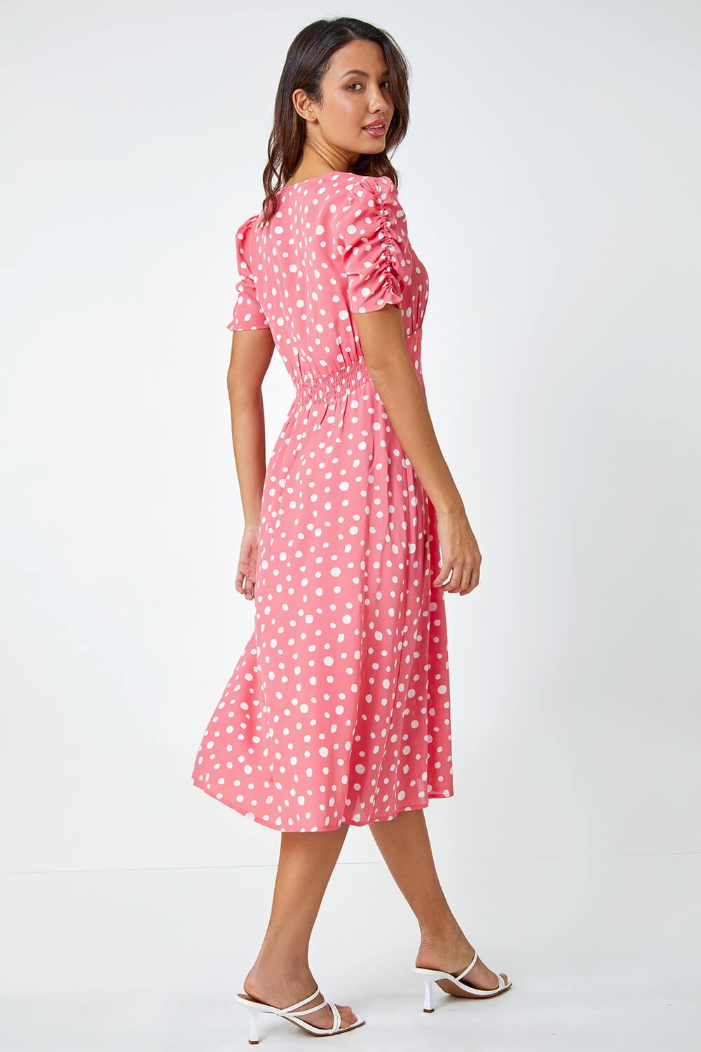 PINK Polka Dot Ruched Sleeve Midi Dress, Image 3 of 5