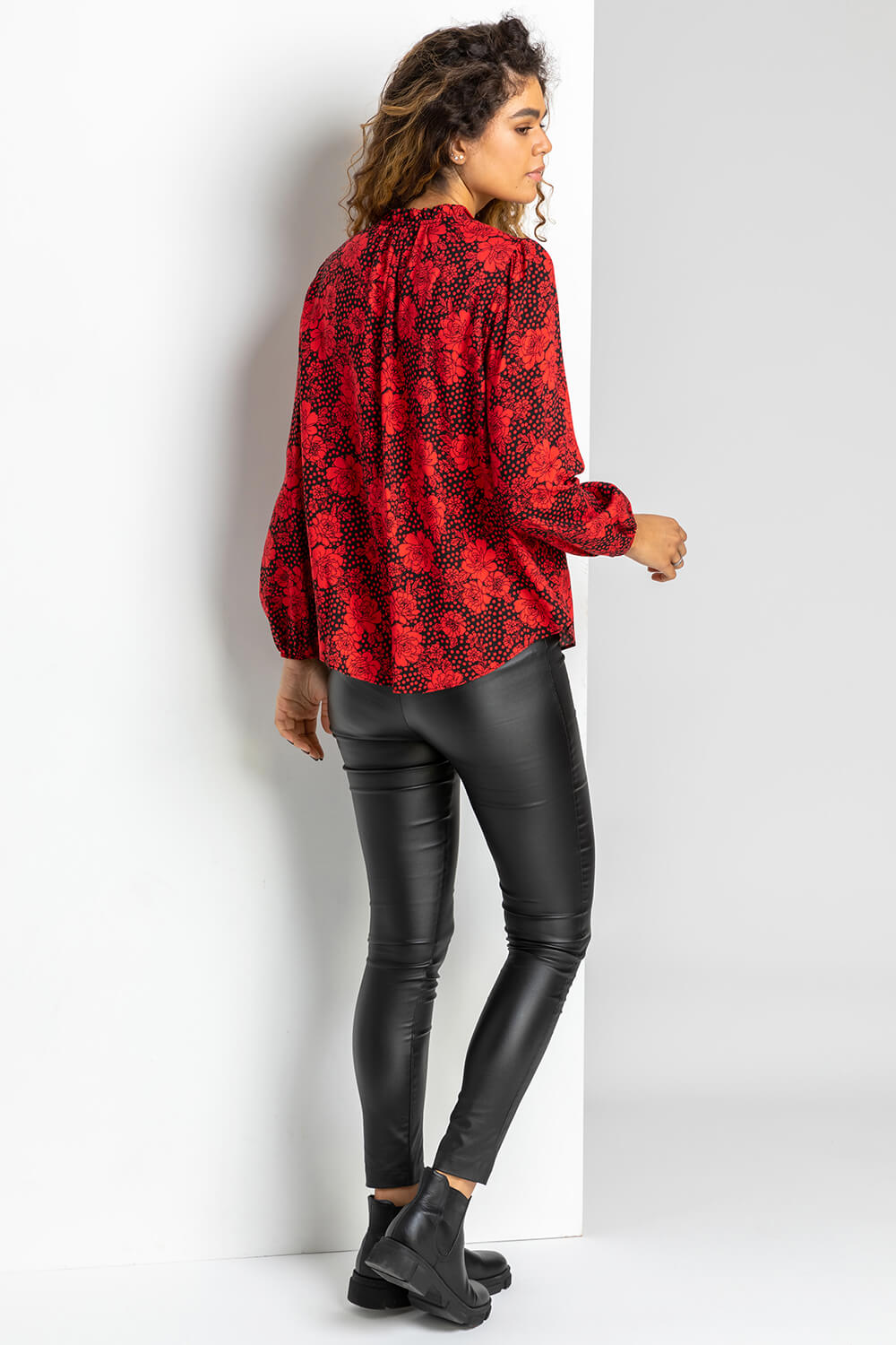 Red Floral Spot Tie Neck Blouse, Image 2 of 5
