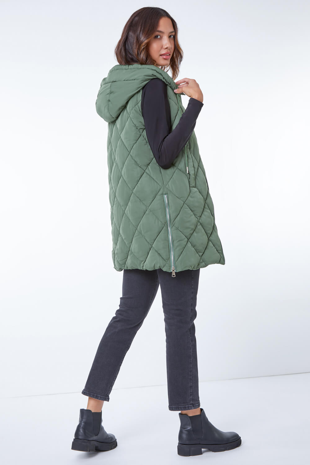 Sage Diamond Quilted Hooded Gilet, Image 3 of 5