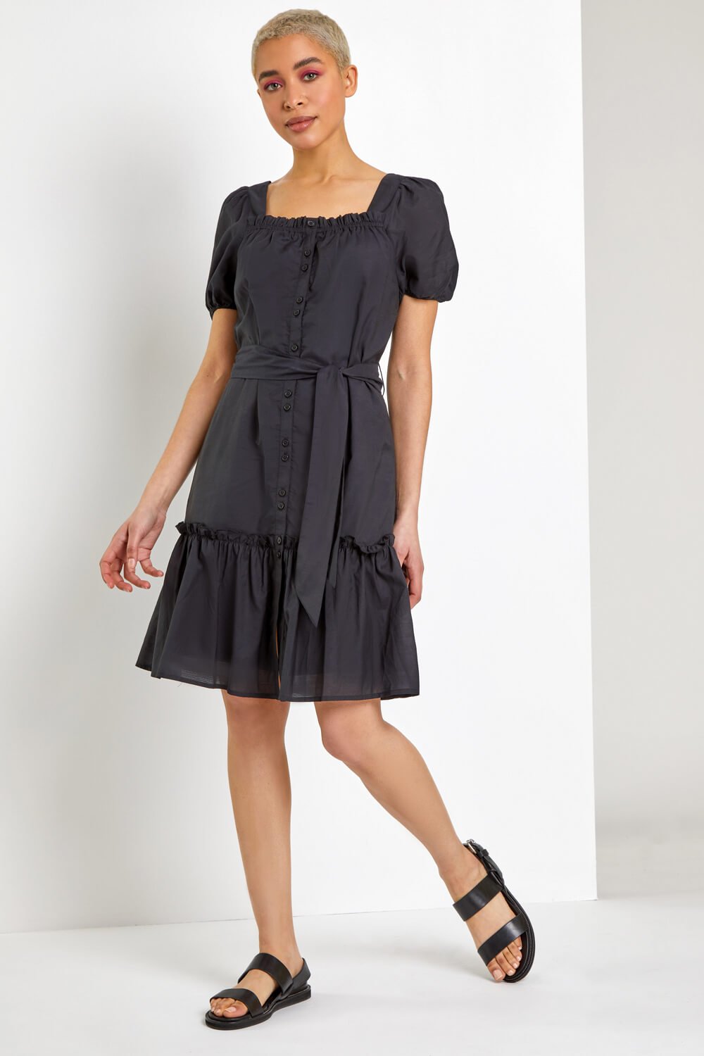 Black Puff Sleeve Tiered Square Neck Dress, Image 3 of 5