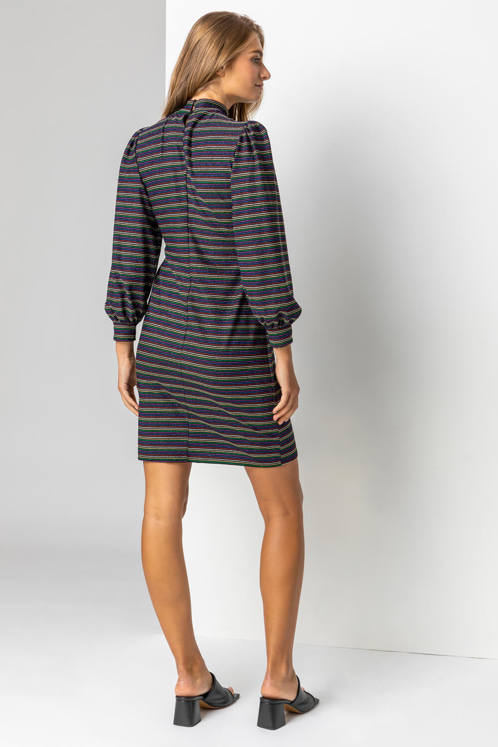 Multi  Shimmer Stripe High Neck Dress, Image 2 of 4
