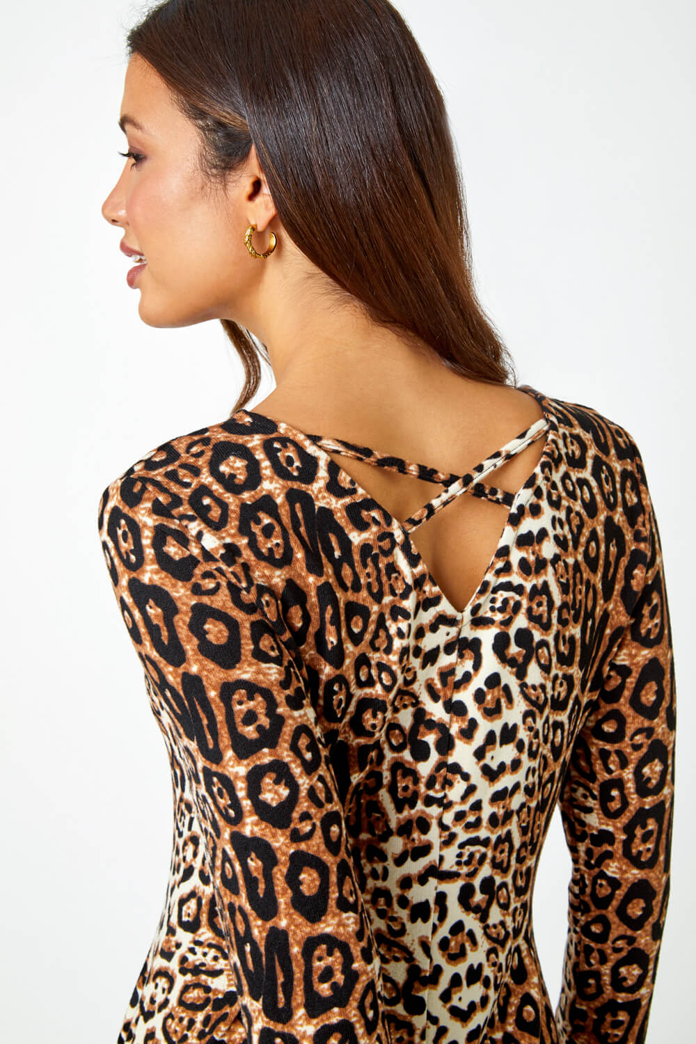 Beige Leopard Print Swing Stretch Dress, Image 4 of 5