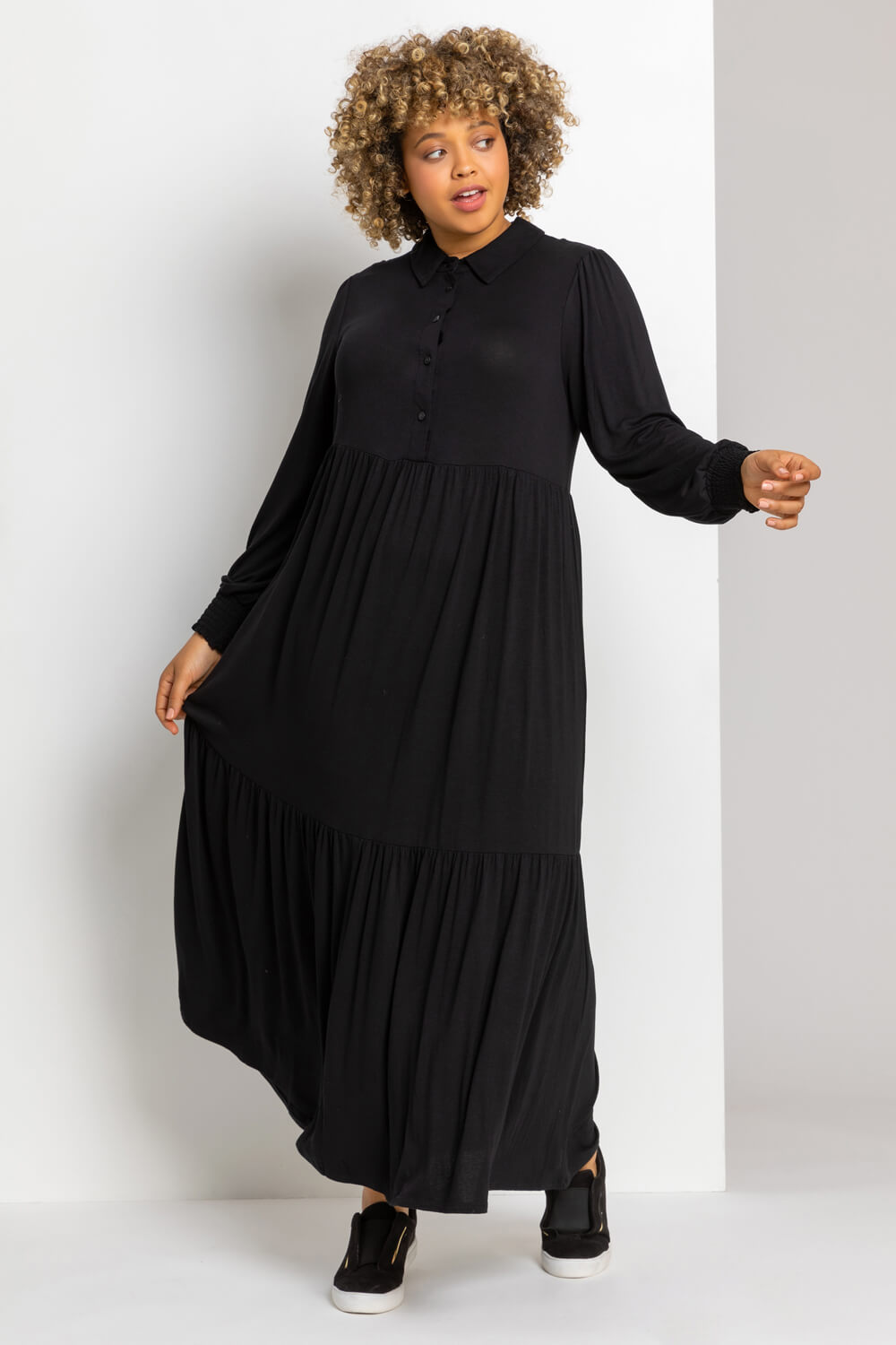 Black Curve Plain Maxi Shirt Dress, Image 4 of 4