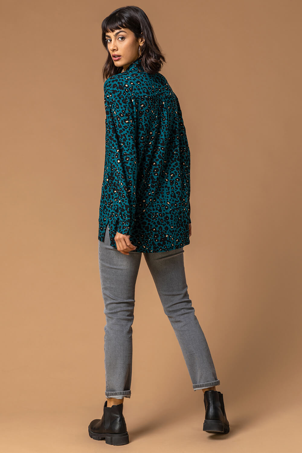 Teal Animal Print Jersey Buttoned Shirt, Image 2 of 4