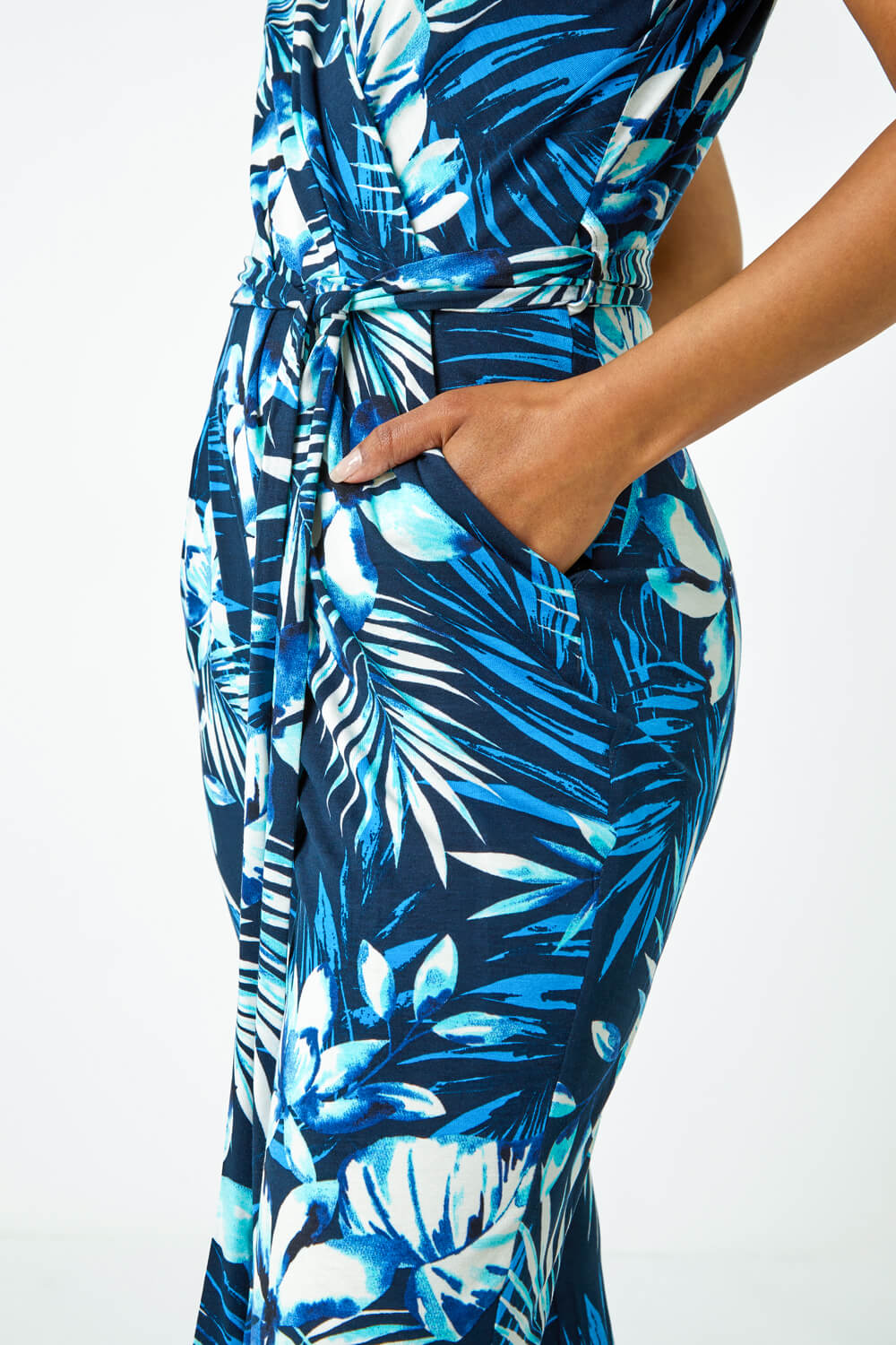 Blue Petite Tropical Print Tie Waist Jersey Jumpsuit, Image 5 of 5