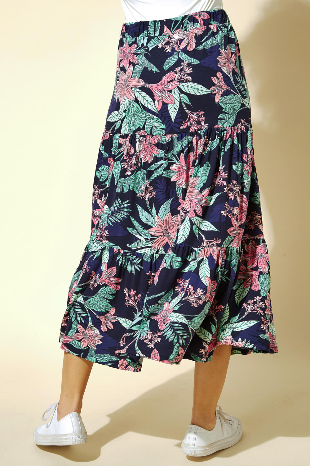 Tropical Floral Tiered Midi Skirt in Navy - Roman Originals UK