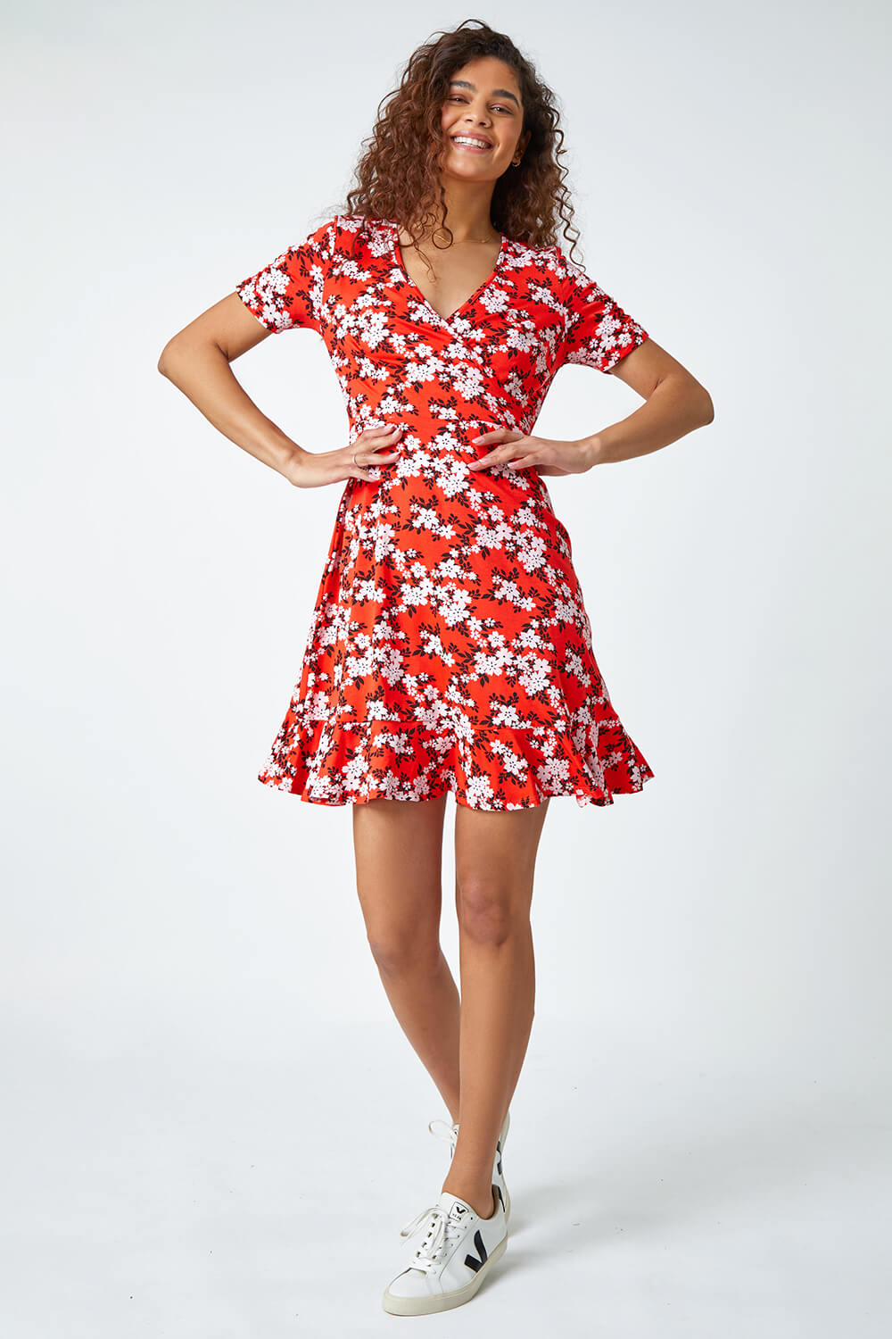 Red Floral Print Wrap Stretch Dress, Image 2 of 5