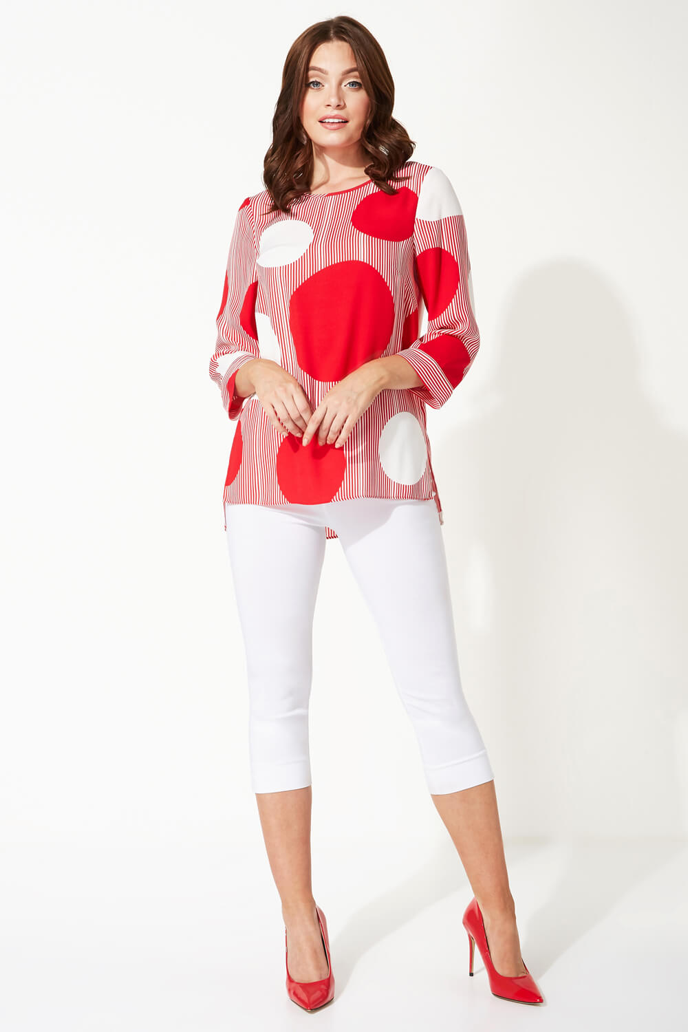 Red Spot Print 3/4 Sleeve Top, Image 2 of 8