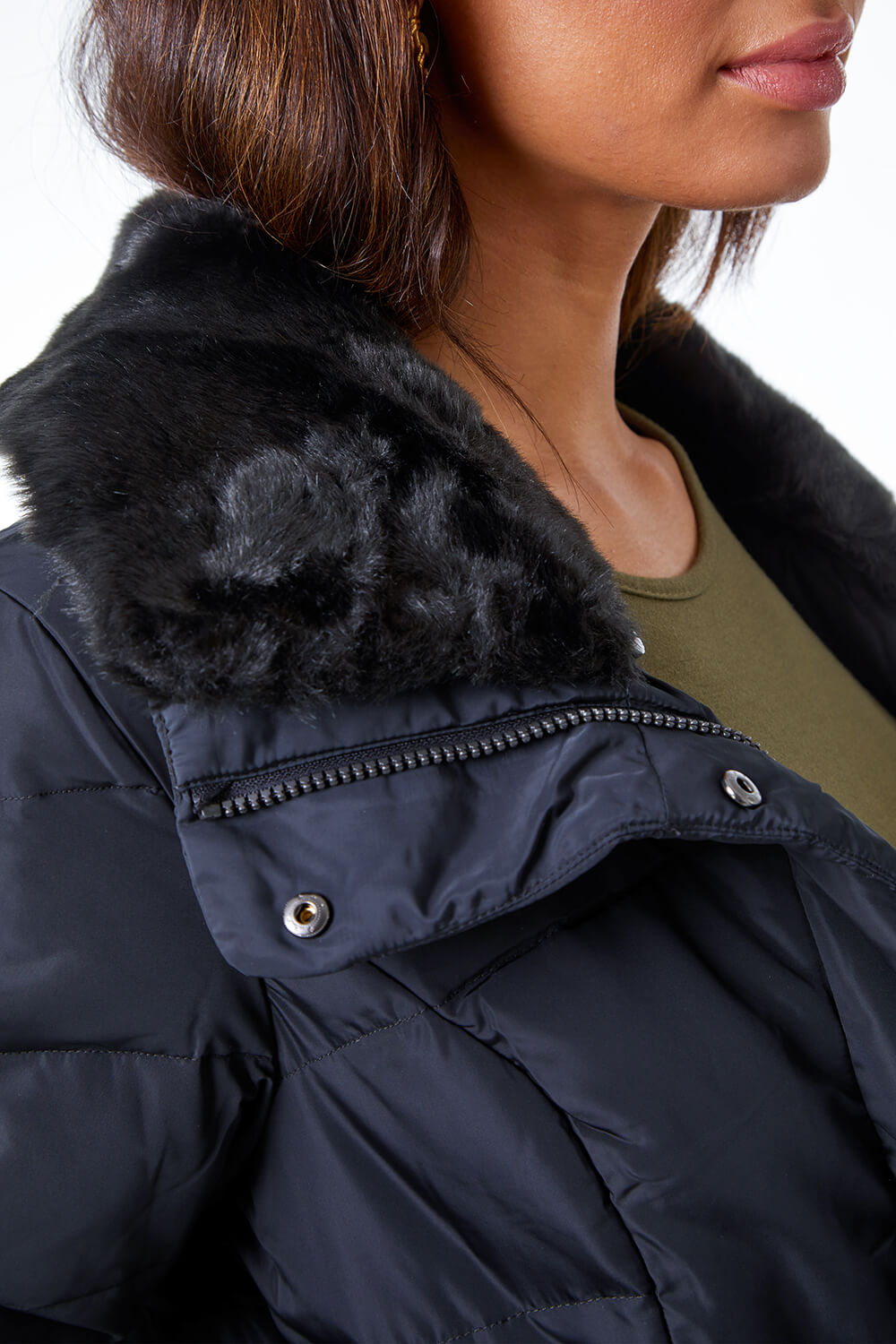 Black Faux Fur Collar Quilted Coat, Image 5 of 5