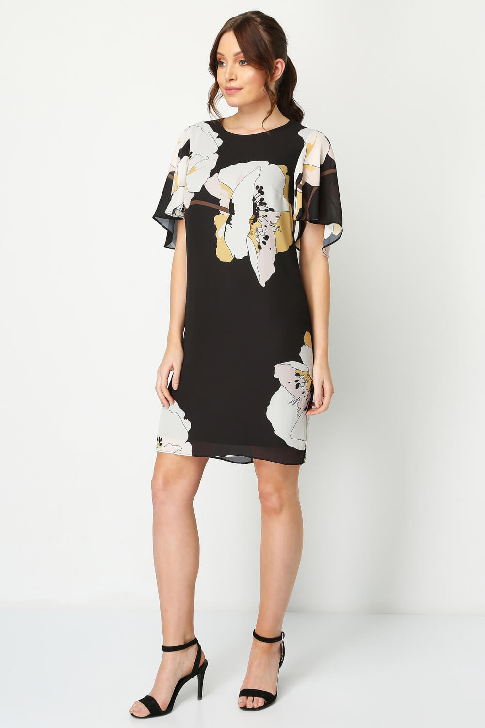 Black Floral Print Chiffon T-Shirt Dress, Image 2 of 4