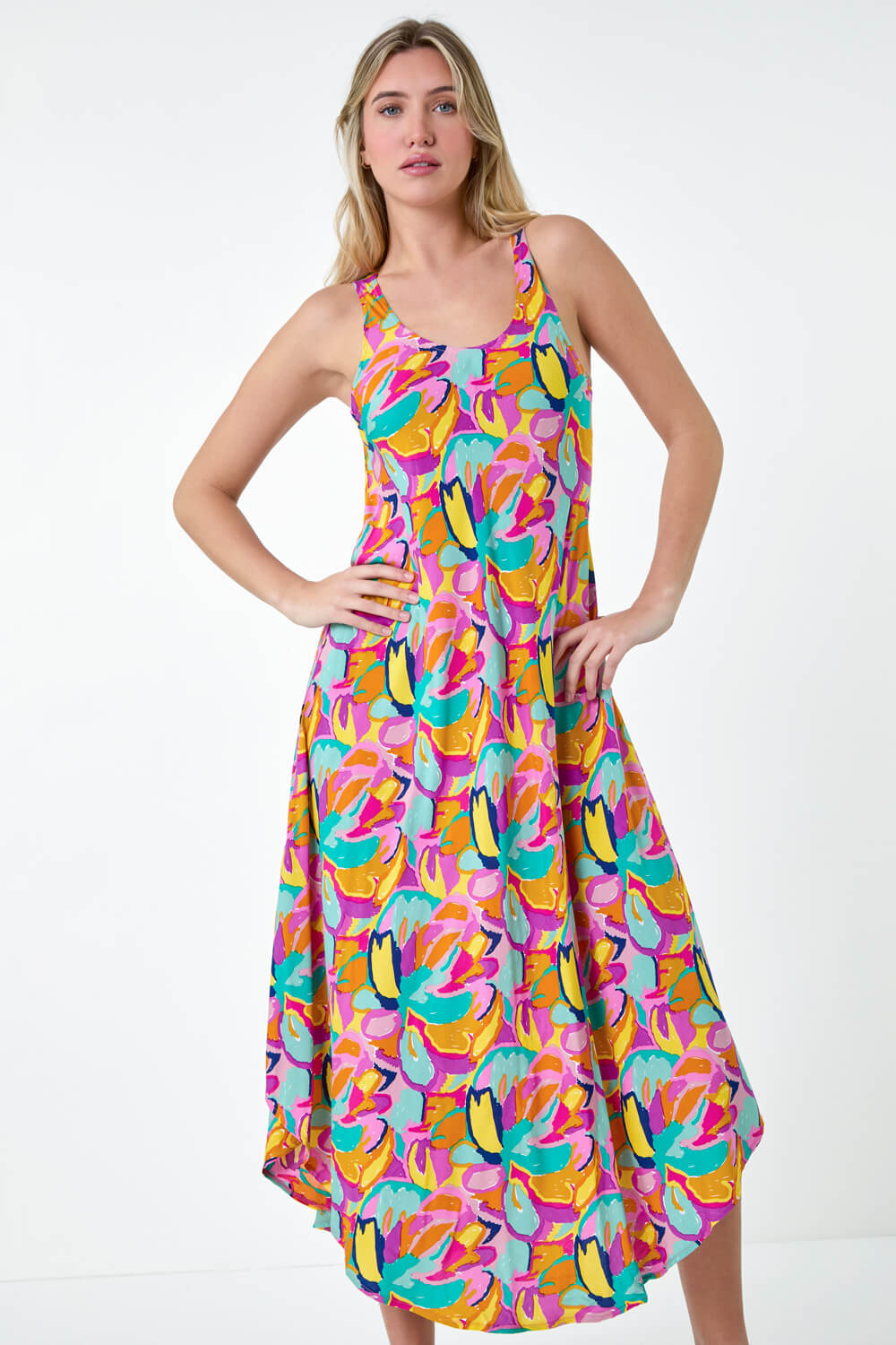 Multi  Abstract Print Hanky Hem Dress, Image 4 of 5