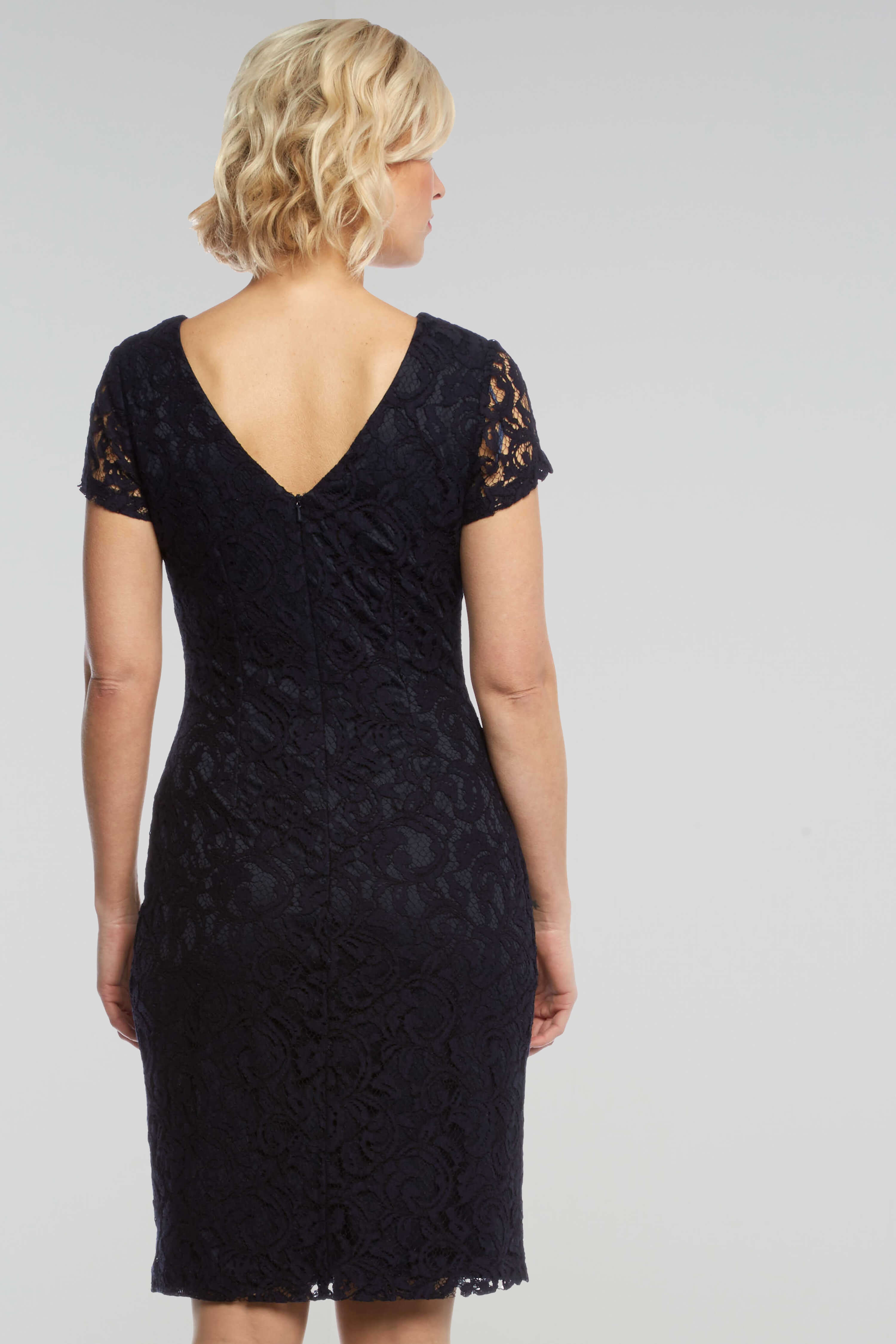 Navy  Short Sleeve Luxe Lace Dress, Image 3 of 4