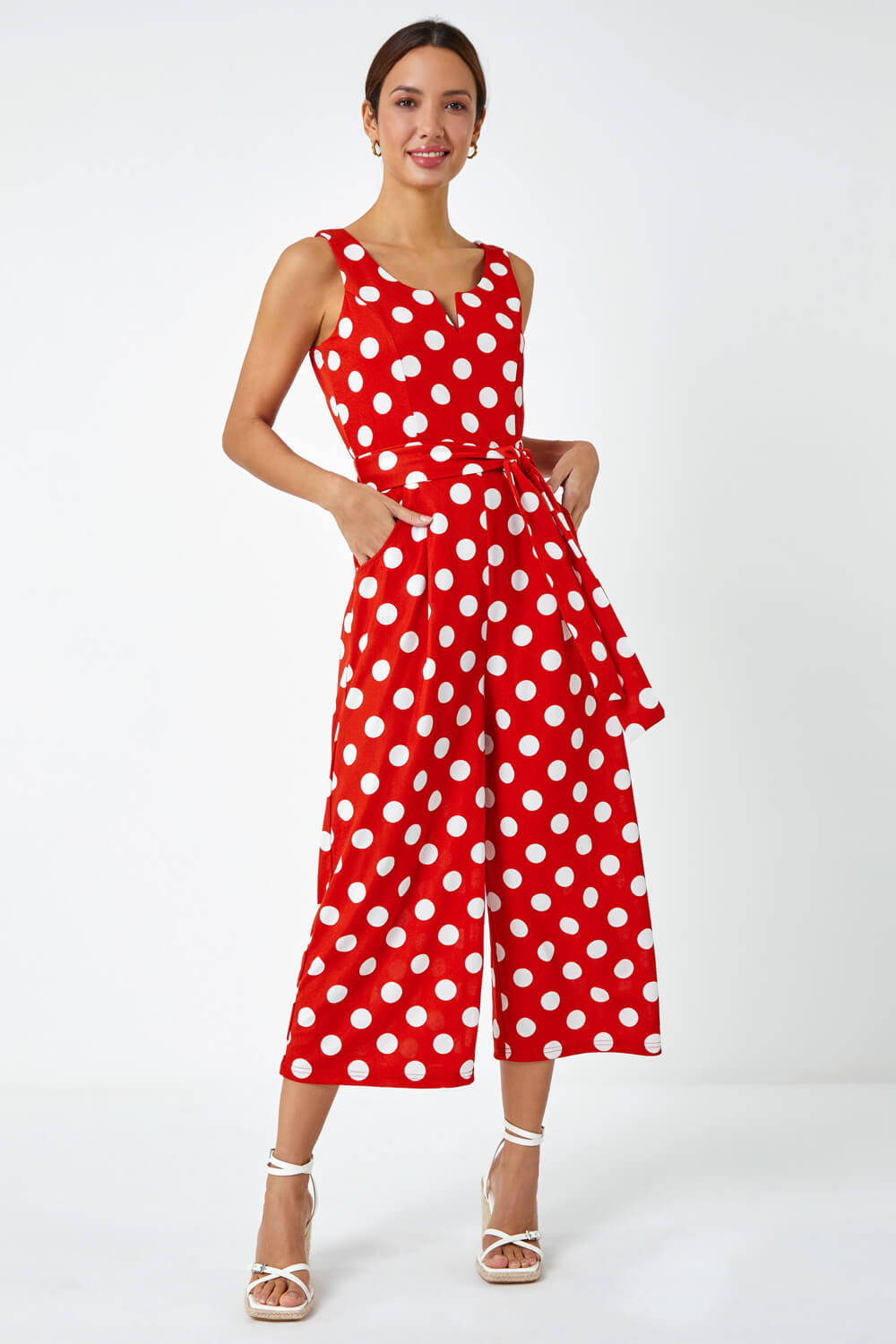 Red Spot Print Belted Jumpsuit , Image 3 of 6
