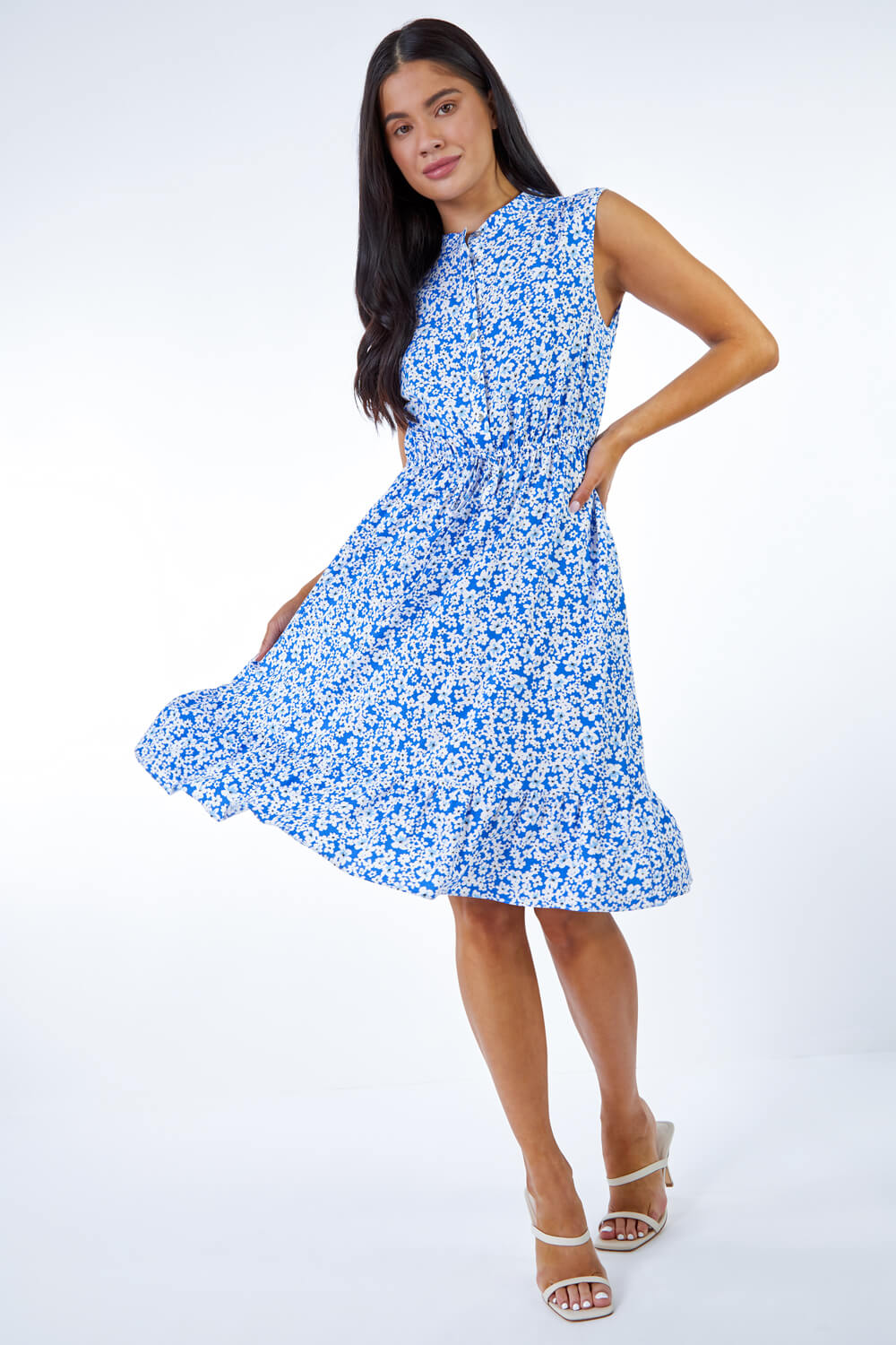Blue Petite Ditsy Floral Print Frill Hem Dress, Image 3 of 5