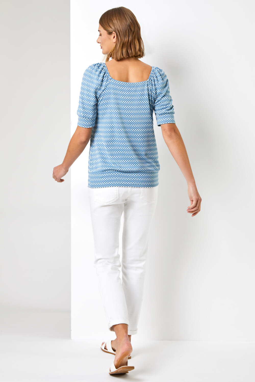 Blue Textured Spot Print Square Neck Top, Image 2 of 4