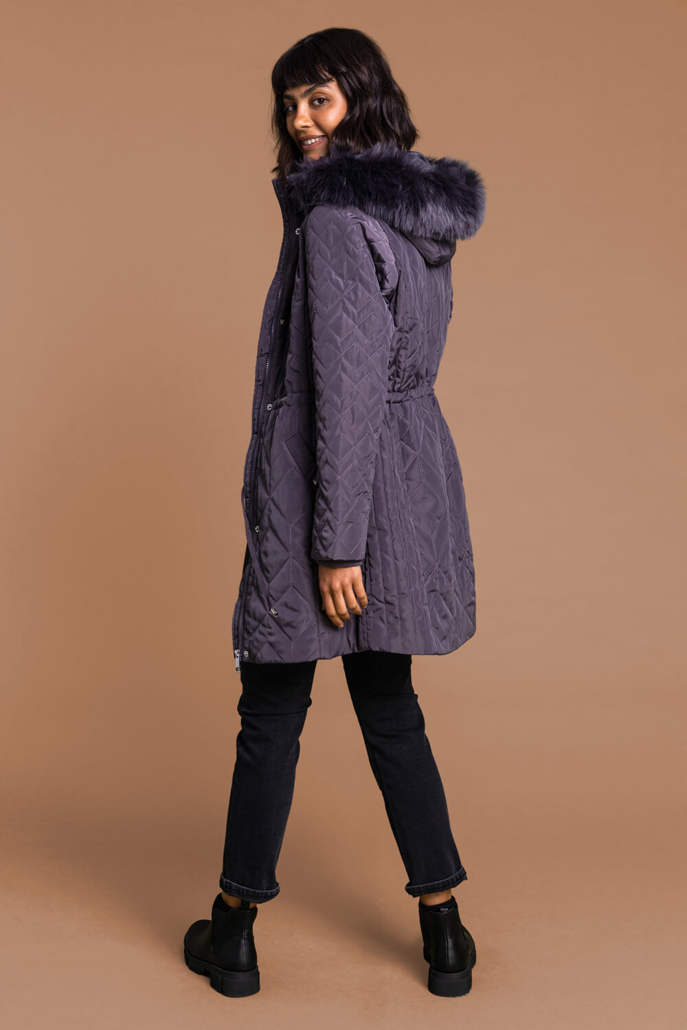 Grey Faux Fur Trim Hooded Parka Coat, Image 2 of 6