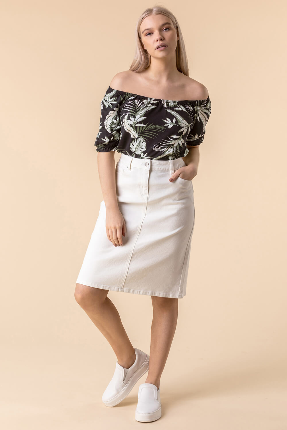 White Cotton Denim Stretch Skirt, Image 3 of 4
