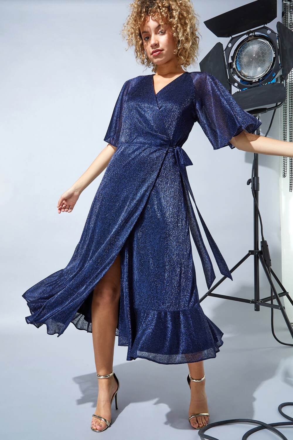 Midnight Blue Plisse Sparkle Wrap Maxi Dress, Image 4 of 4