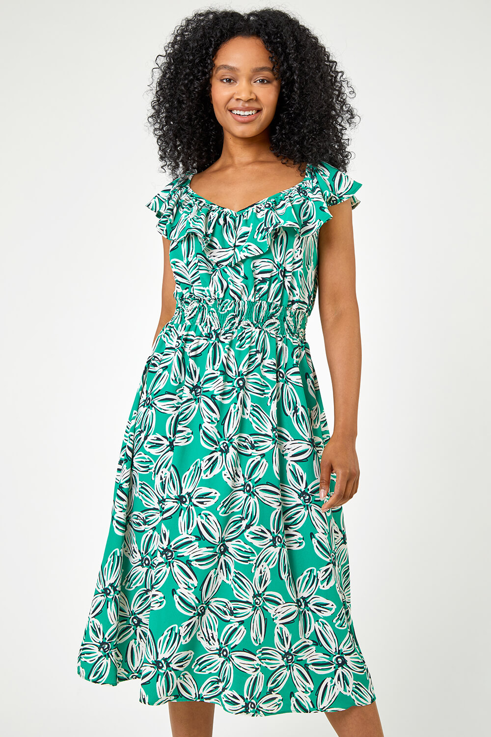 Petite Floral Shirred Waist Dress in Green - Roman Originals UK
