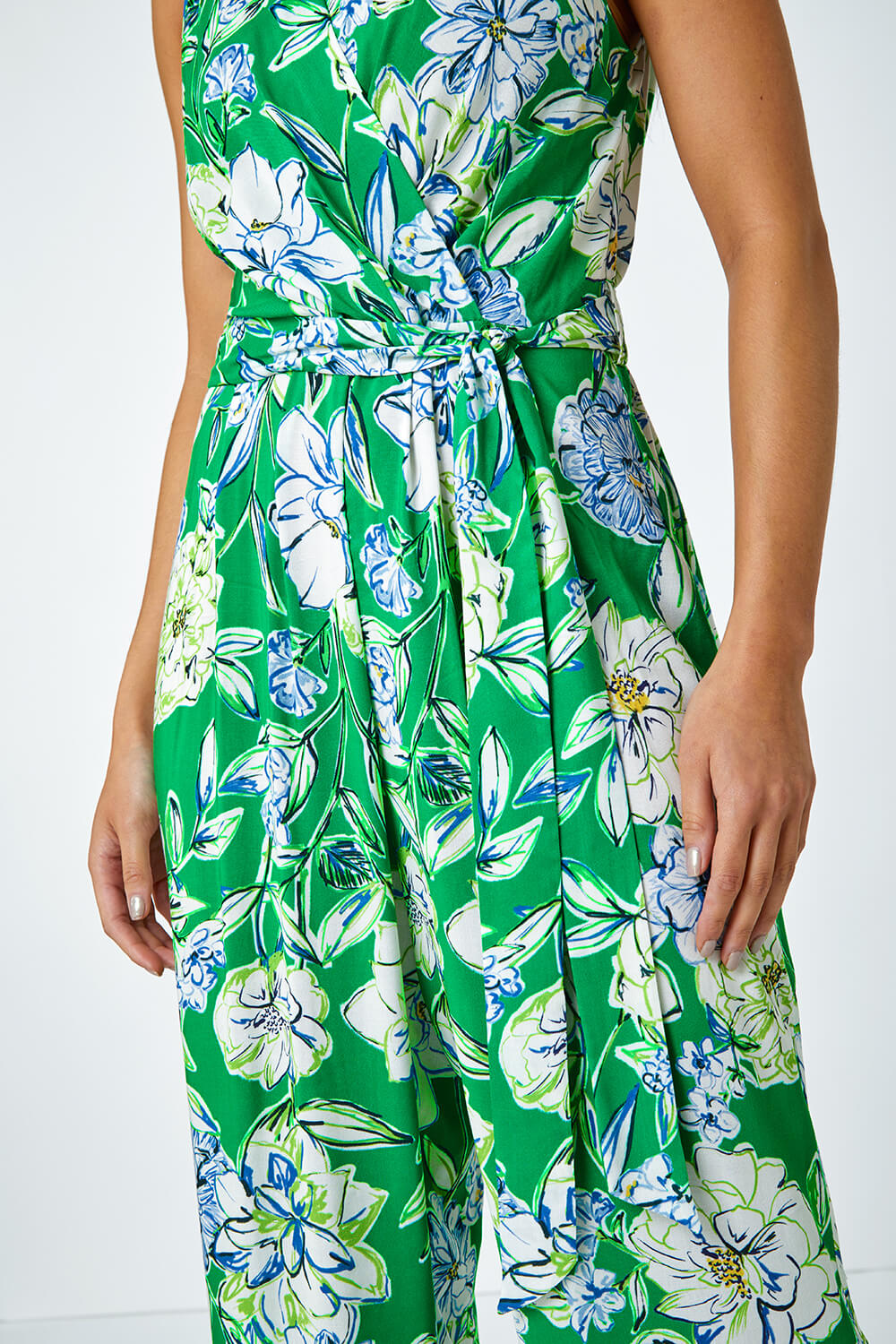 Green Petite Floral Stretch Wrap Jumpsuit, Image 5 of 5