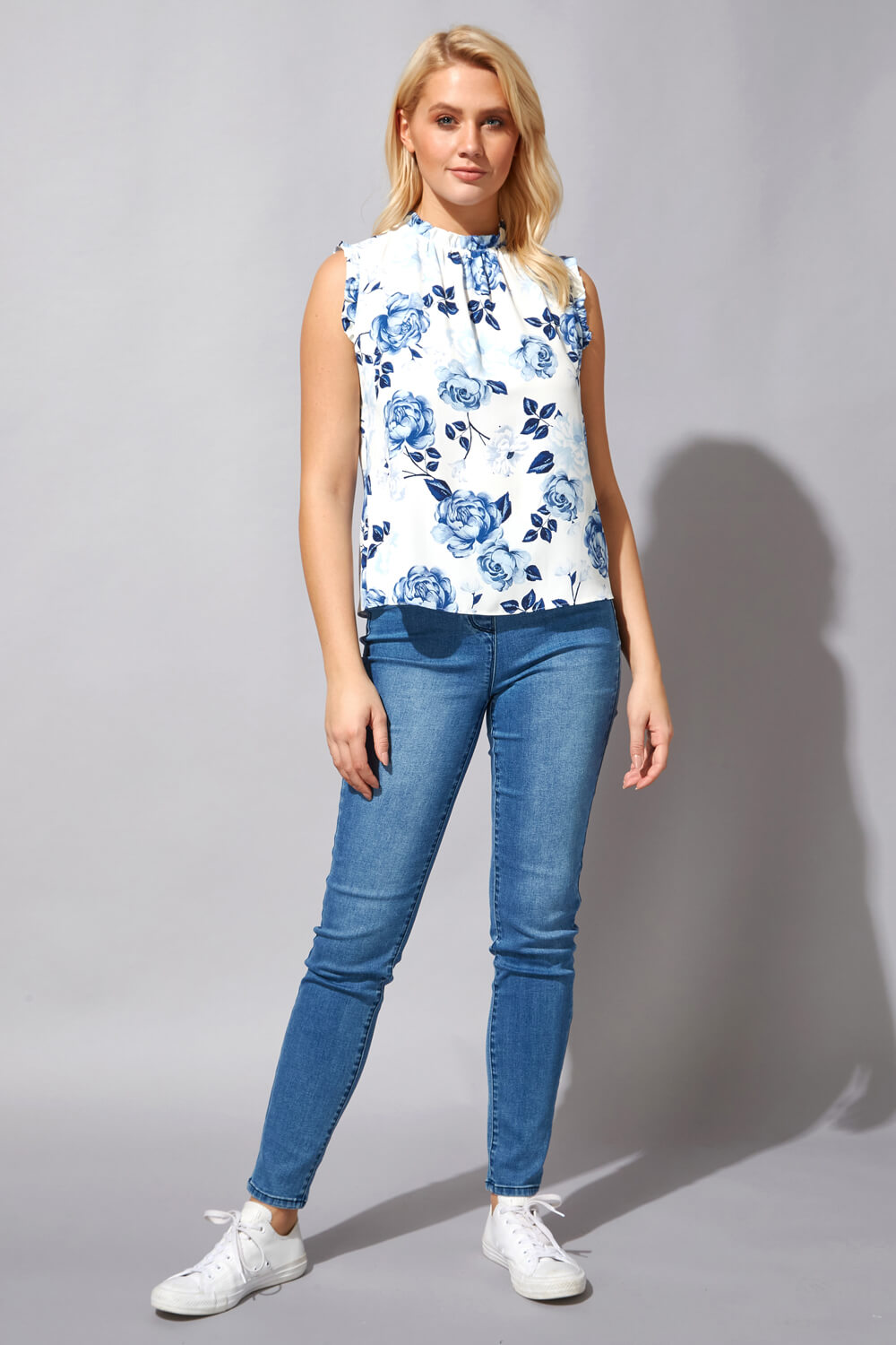 Blue Floral Frill Detail Top, Image 2 of 4