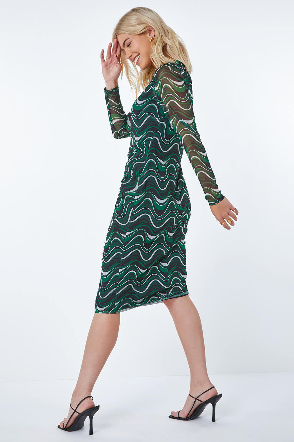 Green Abstract Ruched Side Midi Dress, Image 3 of 5