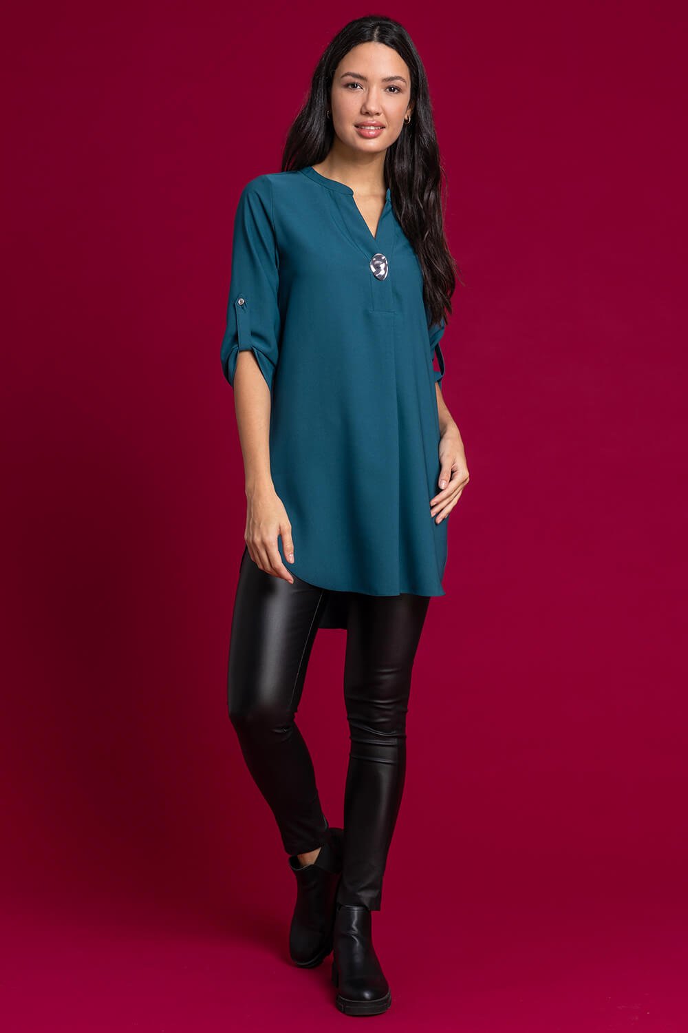 Teal Longline Button Detail Tunic Top, Image 3 of 4