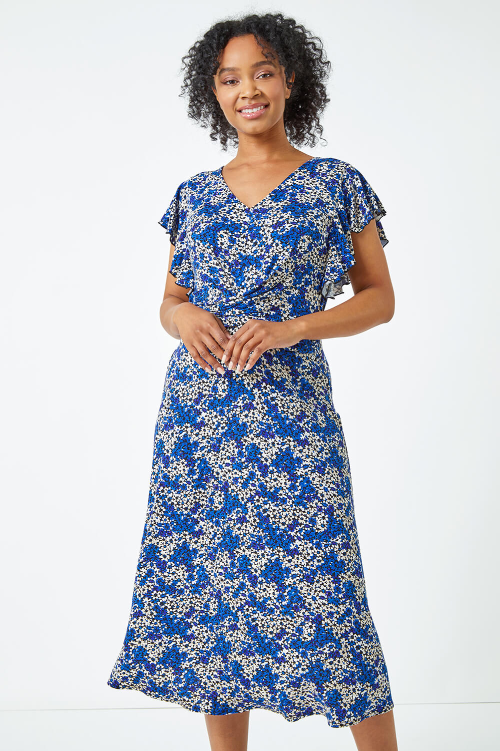 Petite Twist Front Floral Dress in Royal Blue | Roman UK