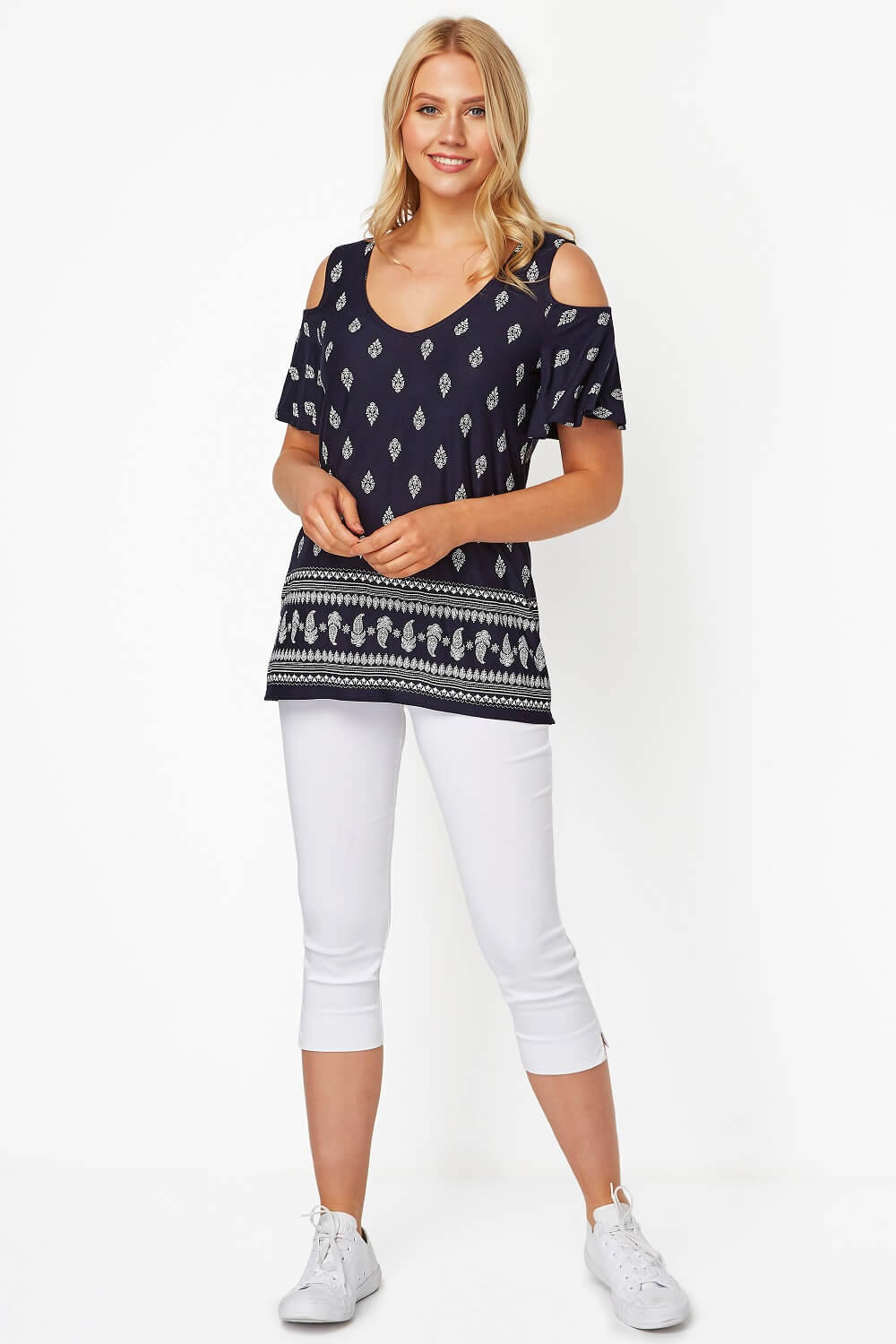 Navy  Paisley Print Cold Shoulder Top, Image 2 of 4